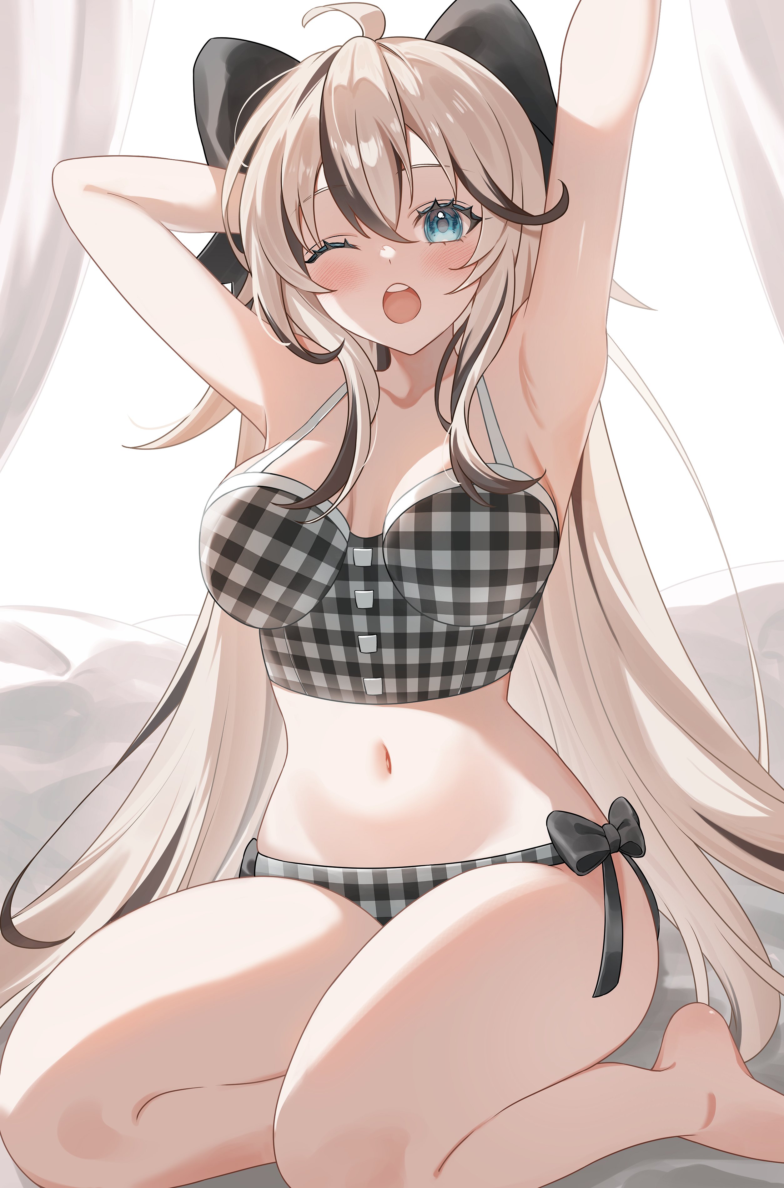shike (i am morafeti), indie virtual youtuber, absurdres, commentary, english commentary, highres, second-party source, 1girl, ahoge, arm behind head, armpits, arms up, bare arms, bikini, black bow, black hair, blonde hair, blue eyes, bow, breasts, collarbone, gingham bikini, hair bow, long hair, medium breasts, mello mutinus (vtuber), multicolored hair, navel, on bed, one eye closed, open mouth, sitting, solo, stomach, swimsuit, thick thighs, thighs, yawning