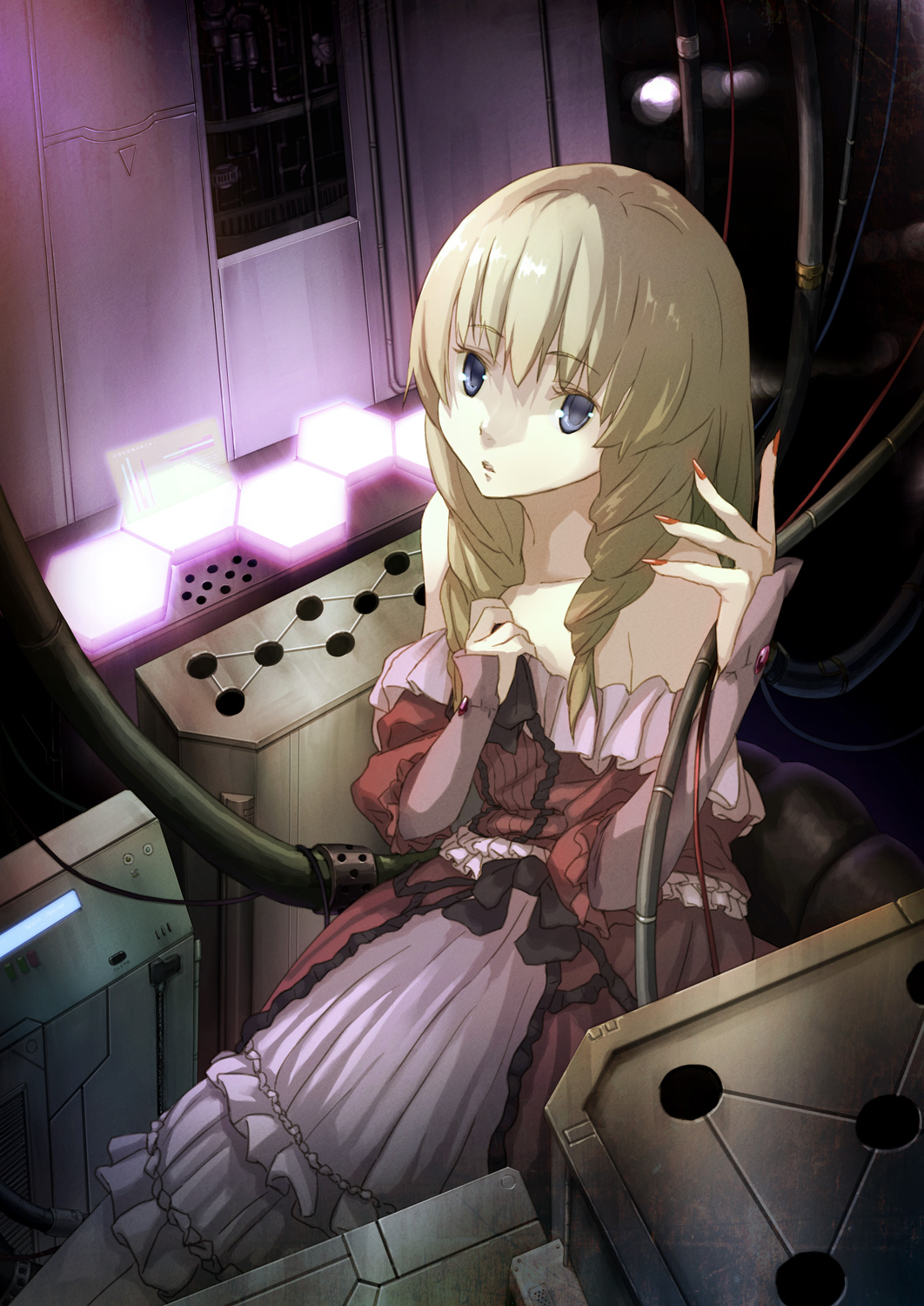 houru, shotia, dodonpachi, dodonpachi daioujou, highres, bare shoulders, blonde hair, blue eyes, cable, drill hair, long hair, solo