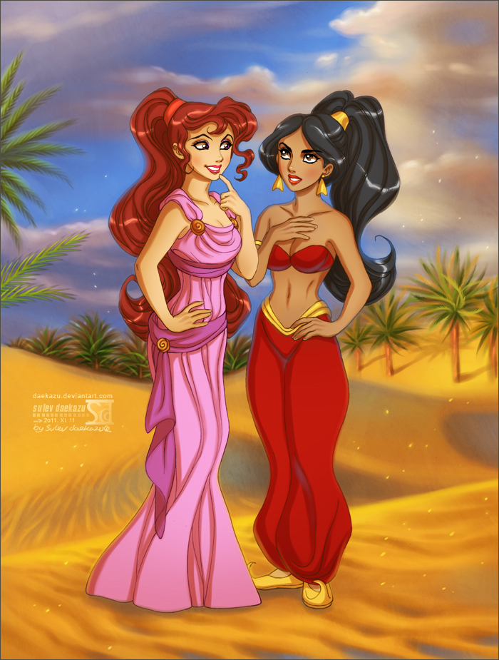 daekazu, jasmine (disney), megara (disney), aladdin (movie), disney, hercules (1997 movie), non-web source, 2girls, arabian clothes, bare arms, bare shoulders, bikini, bikini top only, black hair, breasts, brown eyes, brown hair, cleavage, cloud, collarbone, company connection, crossover, dark-skinned female, dark skin, desert, dress, earrings, eye contact, eyebrows hidden by hair, eyeshadow, full body, grin, hand on own chest, hand on own hip, harem outfit, harem pants, high ponytail, jewelry, lips, lipstick, long dress, long hair, looking at another, makeup, medium breasts, midriff, multiple girls, naughty face, navel, neck, outdoors, palm tree, pants, parted bangs, parted lips, pink dress, ponytail, purple eyes, red bikini, red lips, red pants, sand, sky, sleeveless, sleeveless dress, small breasts, smile, standing, strapless, strapless bikini, swimsuit, thick eyebrows, tree