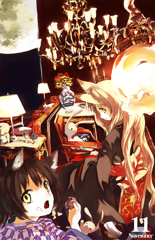 mo, shunsei (muratou), original, 2girls, animal ears, blonde hair, brown hair, chandelier, eating, fang, food, food on face, fox ears, japanese clothes, kimono, long hair, moon, multiple girls, rabbit, short hair, stuffed animal, stuffed toy, very long hair, yagasuri, yellow eyes