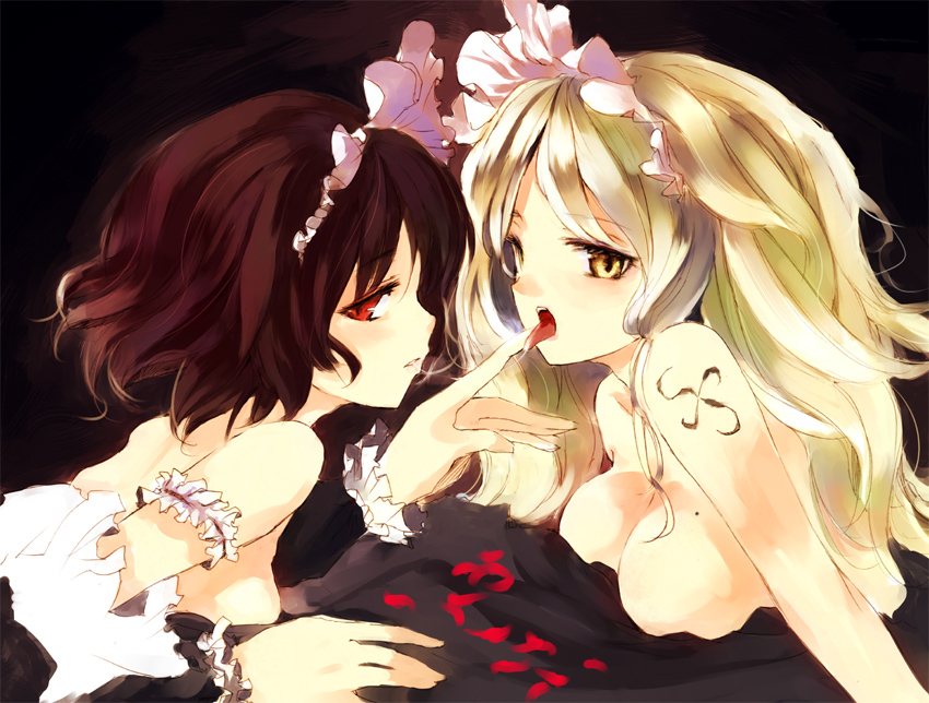mo, shunsei (muratou), bad id, bad pixiv id, 2girls, blonde hair, breasts, brown hair, large breasts, licking, multiple girls, petals, red eyes, saliva, tongue, yellow eyes, yuri