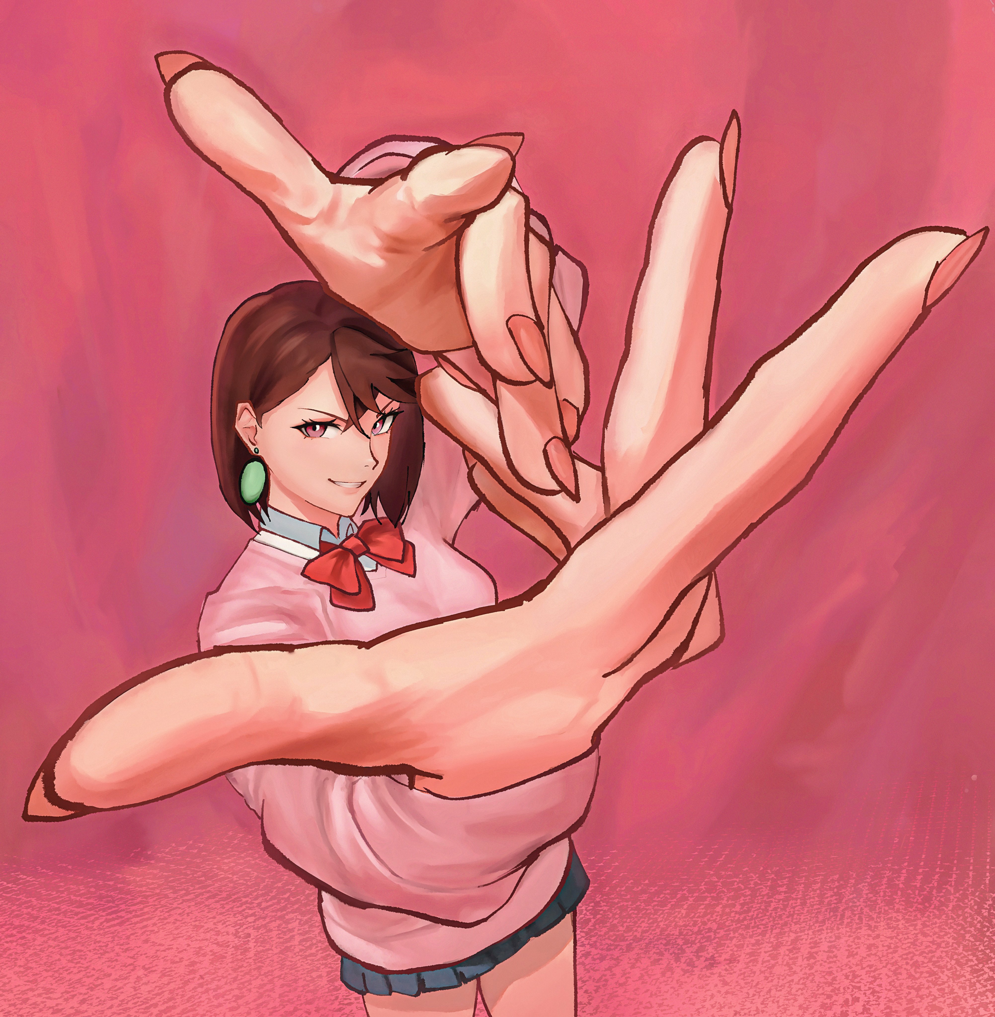 sira (si12o2), ayase momo, dandadan, absurdres, commentary, highres, 1girl, blue skirt, bow, bowtie, brown eyes, brown hair, collared shirt, cowboy shot, crossed bangs, earrings, fisheye, gradient background, gyaru, hair between eyes, jewelry, kami high school uniform, long sleeves, looking at viewer, miniskirt, parted lips, pink background, pink nails, pink sweater, pleated skirt, reaching, reaching towards viewer, red bow, red bowtie, school uniform, shirt, short hair, skirt, smile, solo, sweater, white shirt
