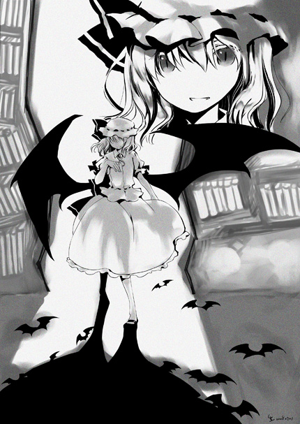 remilia scarlet, touhou, tagme, 1girl, bat (animal), female focus, greyscale, monochrome