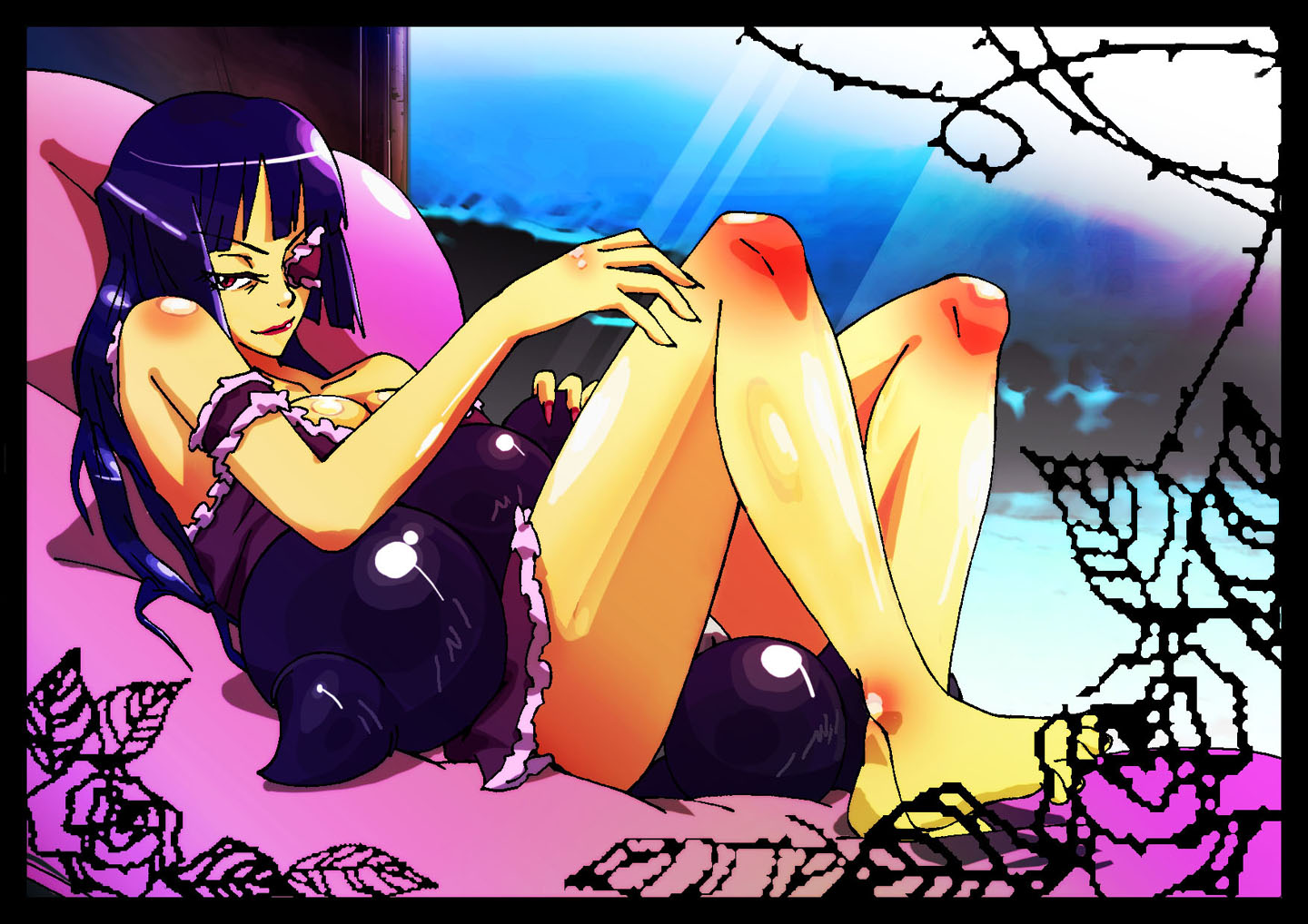 pairubanka, pairubanka (pixiv), adiane, tengen toppa gurren lagann, 00s, 1girl, barefoot, blue hair, breasts, cleavage, female focus, legs, lingerie, lipstick, long hair, lying, makeup, medium breasts, scorpion tail, solo, tail, underwear