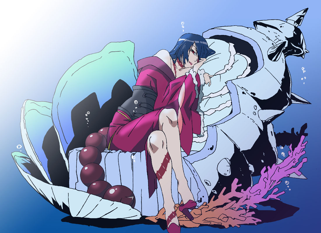 pairubanka, pairubanka (pixiv), adiane, tengen toppa gurren lagann, 00s, 1girl, blue hair, coral, corset, dress, female focus, frills, high heels, long hair, pillow, scorpion tail, seashell, shell, shoe dangle, shoes, solo, tail, tattoo, underwater