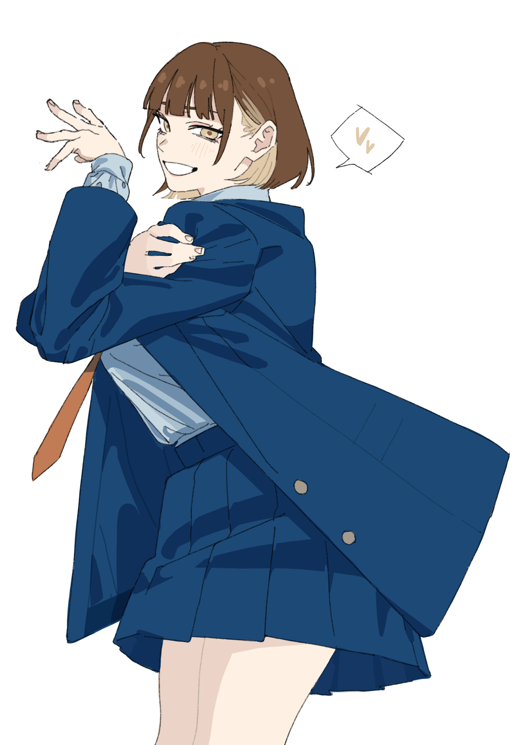 billyonthestraw, original, commentary, english commentary, highres, 1girl, multicolored hair, necktie, orange necktie, school uniform, short hair, skirt, solo, speech bubble, toudou mikasa, two-tone hair, white background