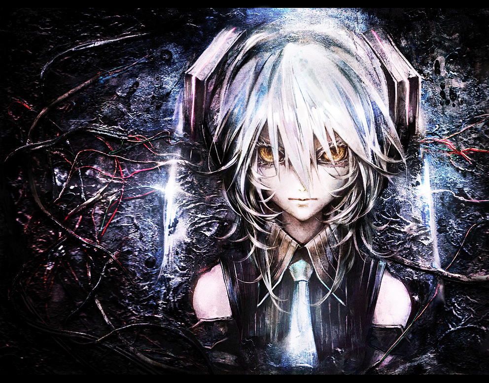 banpai akira, hagane miku, hatsune miku, hagane vocaloid, vocaloid, 1girl, cable, female focus, long hair, necktie, solo, twintails, white hair, yellow eyes