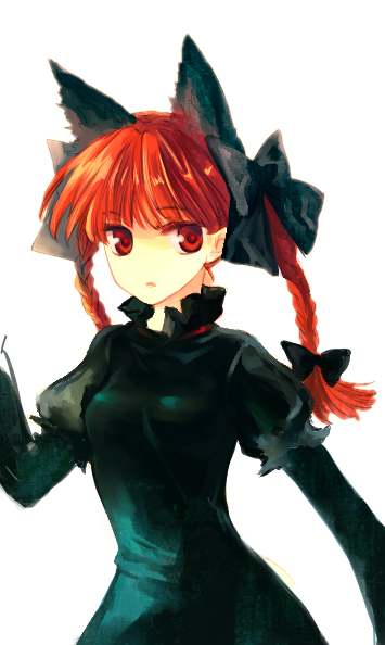 kaenbyou rin, touhou, 1girl, animal ears, braid, cat ears, female focus, simple background, solo, twin braids, white background