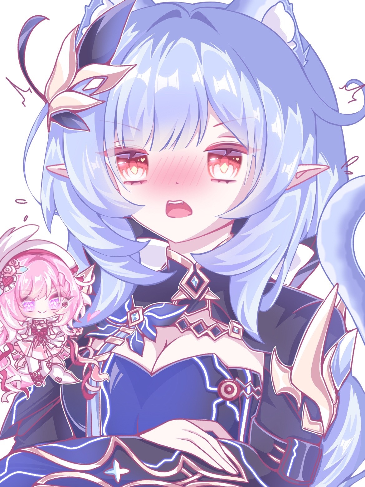 elysia (hi love elf) (honkai impact), elysia (honkai impact), elysia (miss pink elf) (honkai impact), herrscher of corruption, honkai (series), honkai impact 3rd, chinese commentary, commentary request, highres, 2girls, animal ear fluff, animal ears, beret, blue corset, blue hair, blush, breasts, cat ears, chibi, cleavage, corset, crossed arms, elf, hair ornament, hat, large breasts, long hair, multiple girls, nanluotongxue, open mouth, orange eyes, pink hair, pointy ears, purple eyes, simple background, teeth, upper teeth only, very long hair, white background