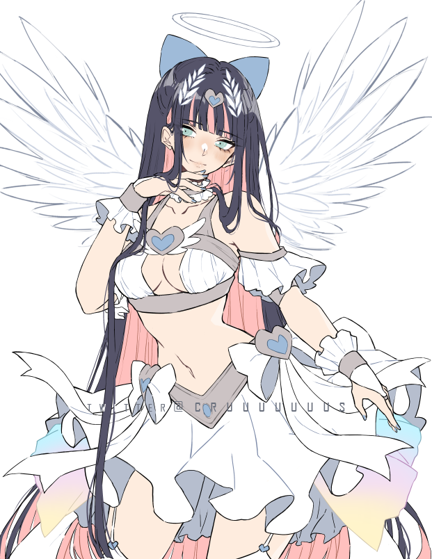 criis-chan, stocking (psg), panty & stocking with garterbelt, 1girl, angel wings, blue eyes, blue hair, blunt bangs, bow, breasts, cleavage cutout, clothing cutout, colored inner hair, crop top, feathered wings, feathers, hair bow, halo, long hair, looking at viewer, midriff, multicolored hair, navel, pink hair, simple background, skirt, solo, stomach, striped clothes, striped thighhighs, thighhighs, two-tone hair, white background, white feathers, white wings, wings