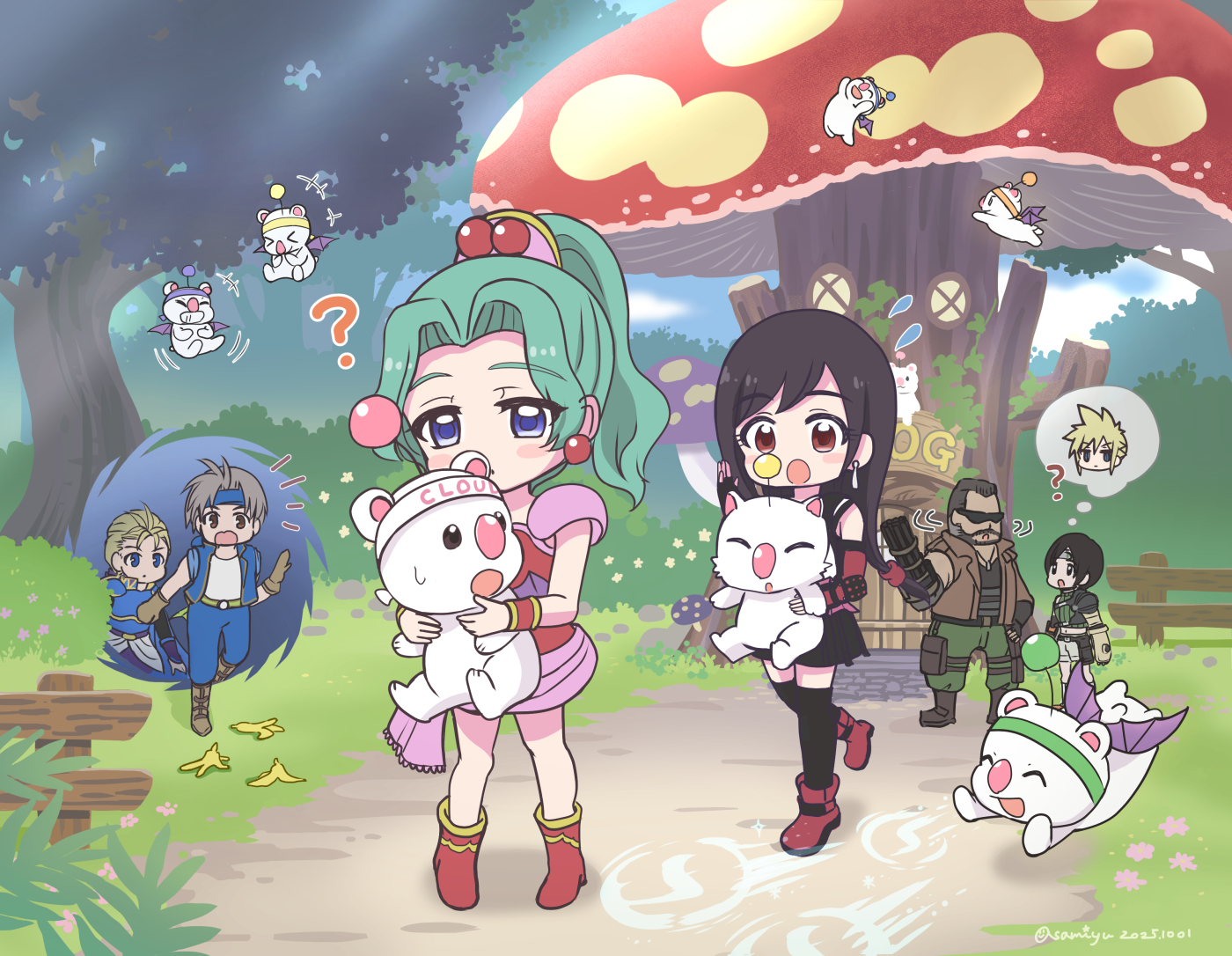asami yutori, barret wallace, cloud strife, edgar roni figaro, locke cole, moogle, tifa lockhart, tina branford, yuffie kisaragi, final fantasy, final fantasy vi, final fantasy vii, final fantasy vii ever crisis, commentary request, +++, 3girls, 4boys, ?, bare shoulders, black hair, black skirt, black thighhighs, blonde hair, blue eyes, blue headband, blush, boots, brown vest, dark-skinned male, dark skin, dress, earrings, elbow gloves, facial hair, full body, gloves, green hair, green sweater, grey hair, handcannon, headband, high ponytail, holding, in-franchise crossover, jewelry, long hair, looking at another, miniskirt, motion lines, multiple boys, multiple girls, mushroom, notice lines, open mouth, outdoors, parted bangs, ponytail, portal (object), red boots, red dress, red eyes, short hair, shoulder pads, single earring, skirt, spiked hair, sunglasses, sweater, swept bangs, thighhighs, twitter username, vest, zettai ryouiki
