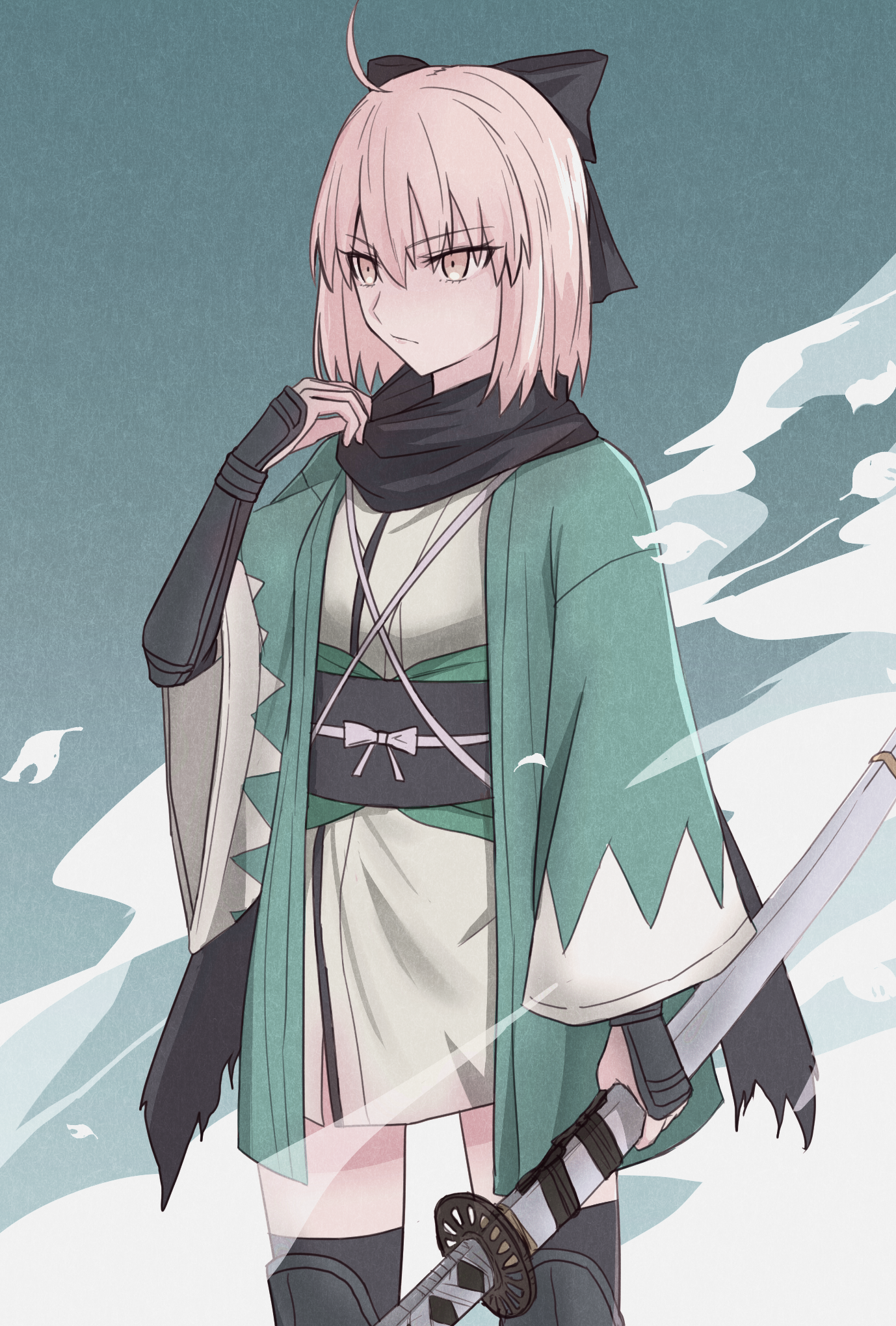 kp944113, okita souji (fate), fate/grand order, fate (series), highres, 1girl, adjusting clothes, ahoge, black bow, black sash, black scarf, black thighhighs, bow, bracer, brown hair, closed mouth, cropped legs, green haori, hair between eyes, hair bow, haori, holding, holding sheath, japanese clothes, kimono, knee pads, long sleeves, medium hair, sash, scabbard, scarf, sheath, sheathed, smoke, solo, standing, thighhighs, white kimono, wide sleeves, yellow eyes