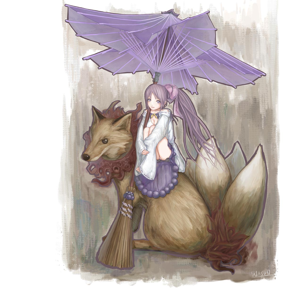 wason, original, highres, 1girl, female focus, fox, long hair, oil-paper umbrella, ponytail, purple eyes, purple hair, sitting, solo, umbrella