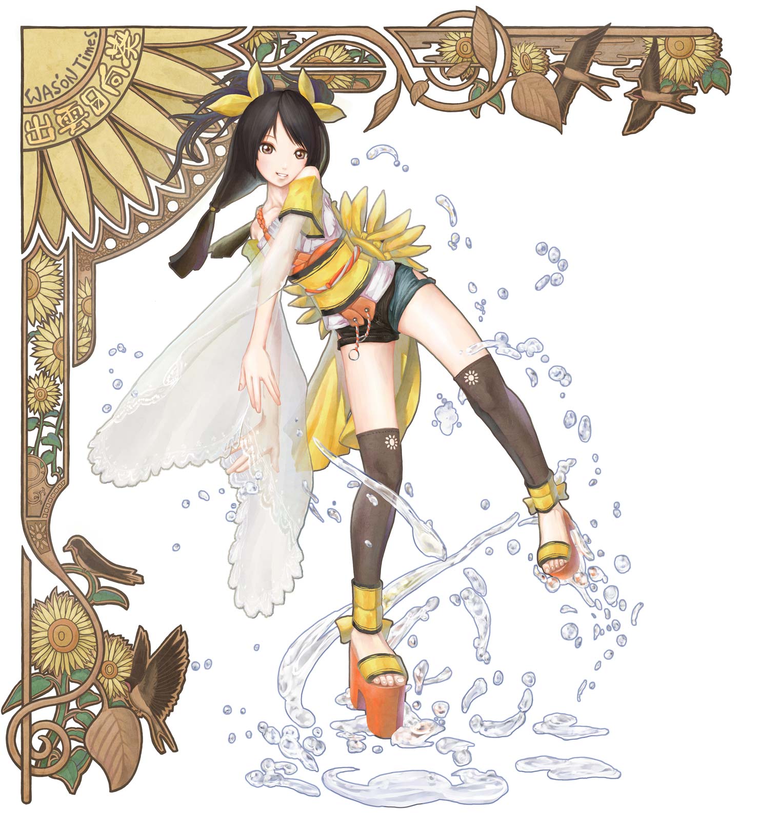 wason, original, platform footwear, highres, art nouveau, bird, black hair, brown eyes, flower, lace, leaf, long hair, obi, sash, solo, sunflower, twintails, water