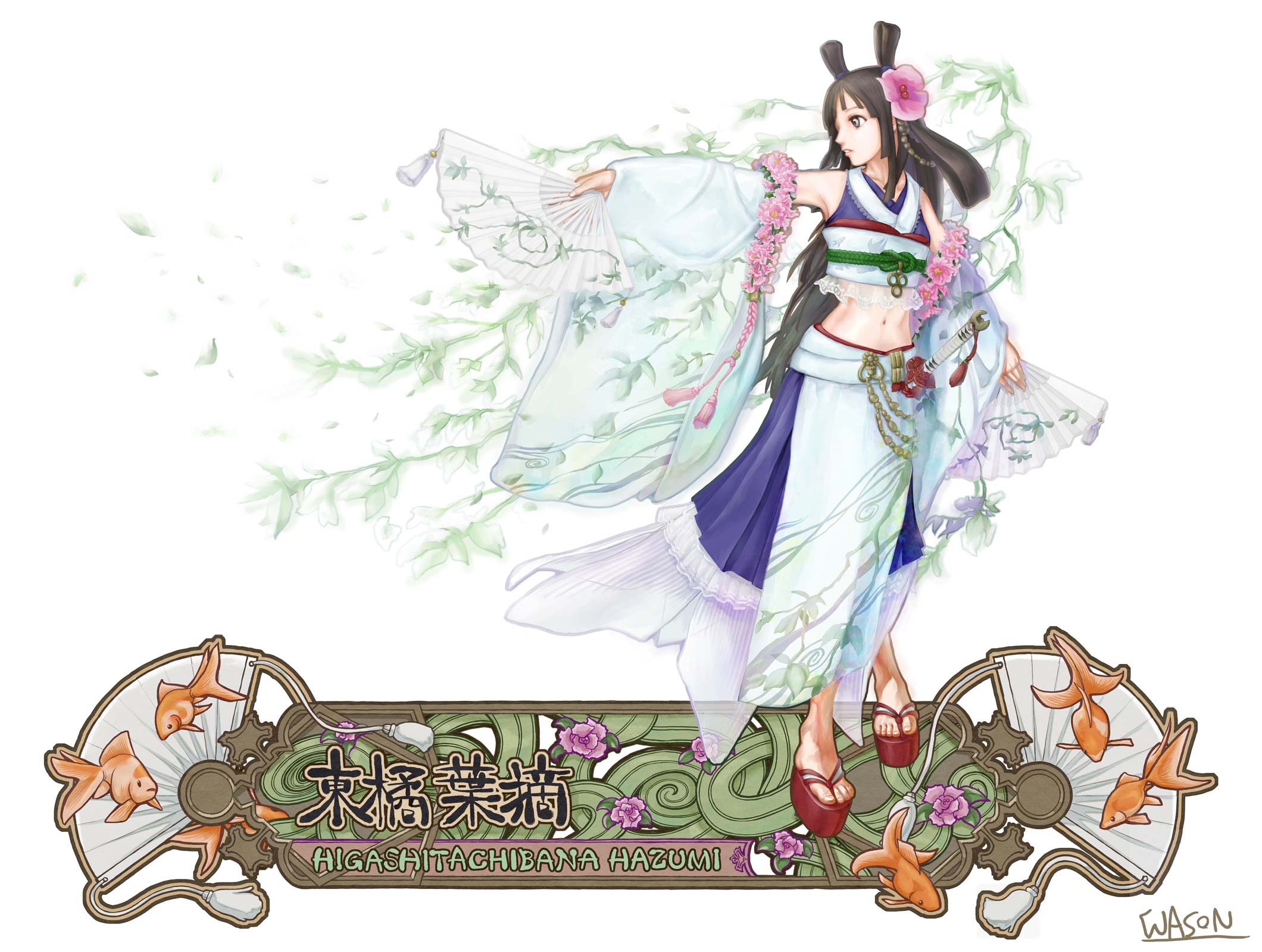 wason, original, highres, black hair, detached sleeves, flower, hair flower, hair ornament, hand fan, long hair, midriff, navel, solo, sword, weapon