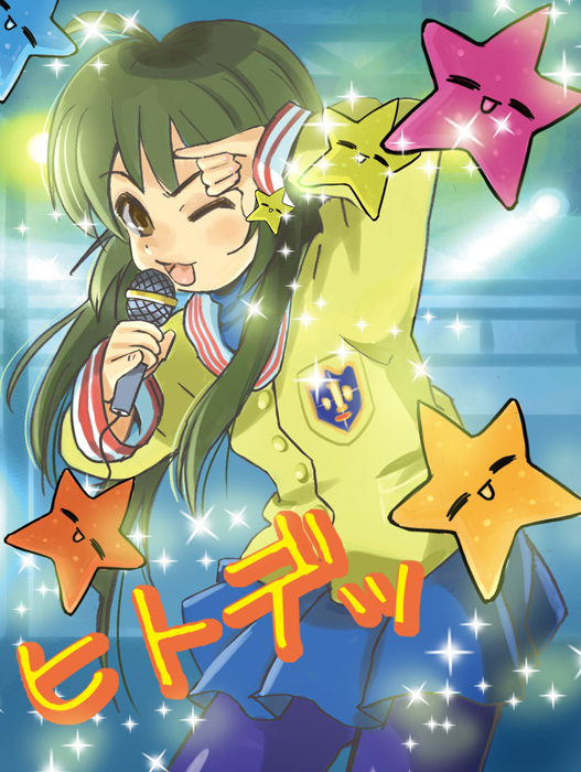 isshiki tarou, ibuki fuuko, clannad, macross, macross frontier, m/, green hair, long hair, pantyhose, parody, school uniform, seikan hikou, solo, starfish, very long hair