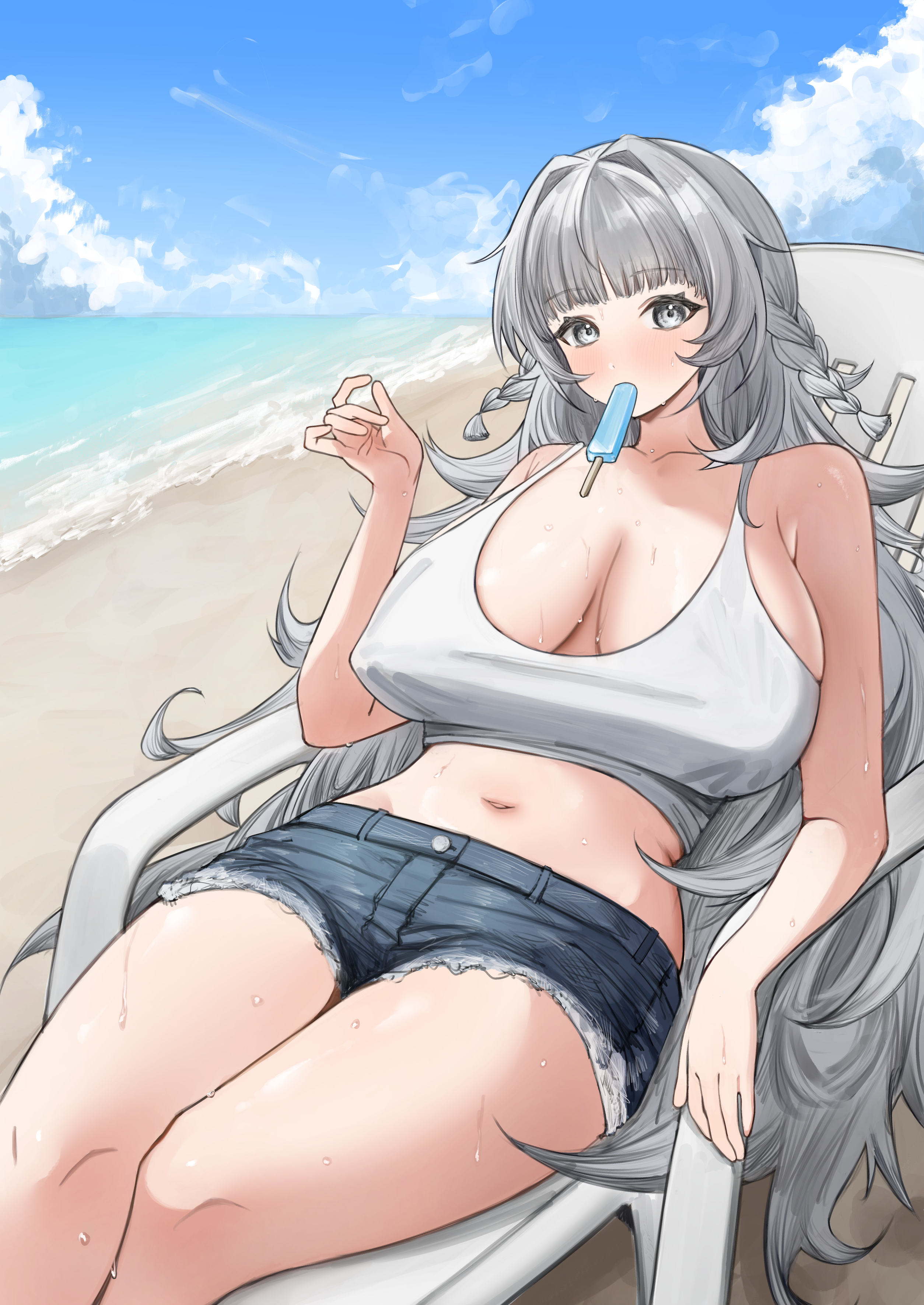 pu3xn, vittorio veneto (azur lane), azur lane, absurdres, commission, highres, pixiv commission, 1girl, beach, braid, breasts, cleavage, day, food, grey eyes, grey hair, huge breasts, navel, ocean, outdoors, pointy breasts, popsicle, sand, shorts, sky, solo, sweat, tank top, thighs, water, wet, wet clothes