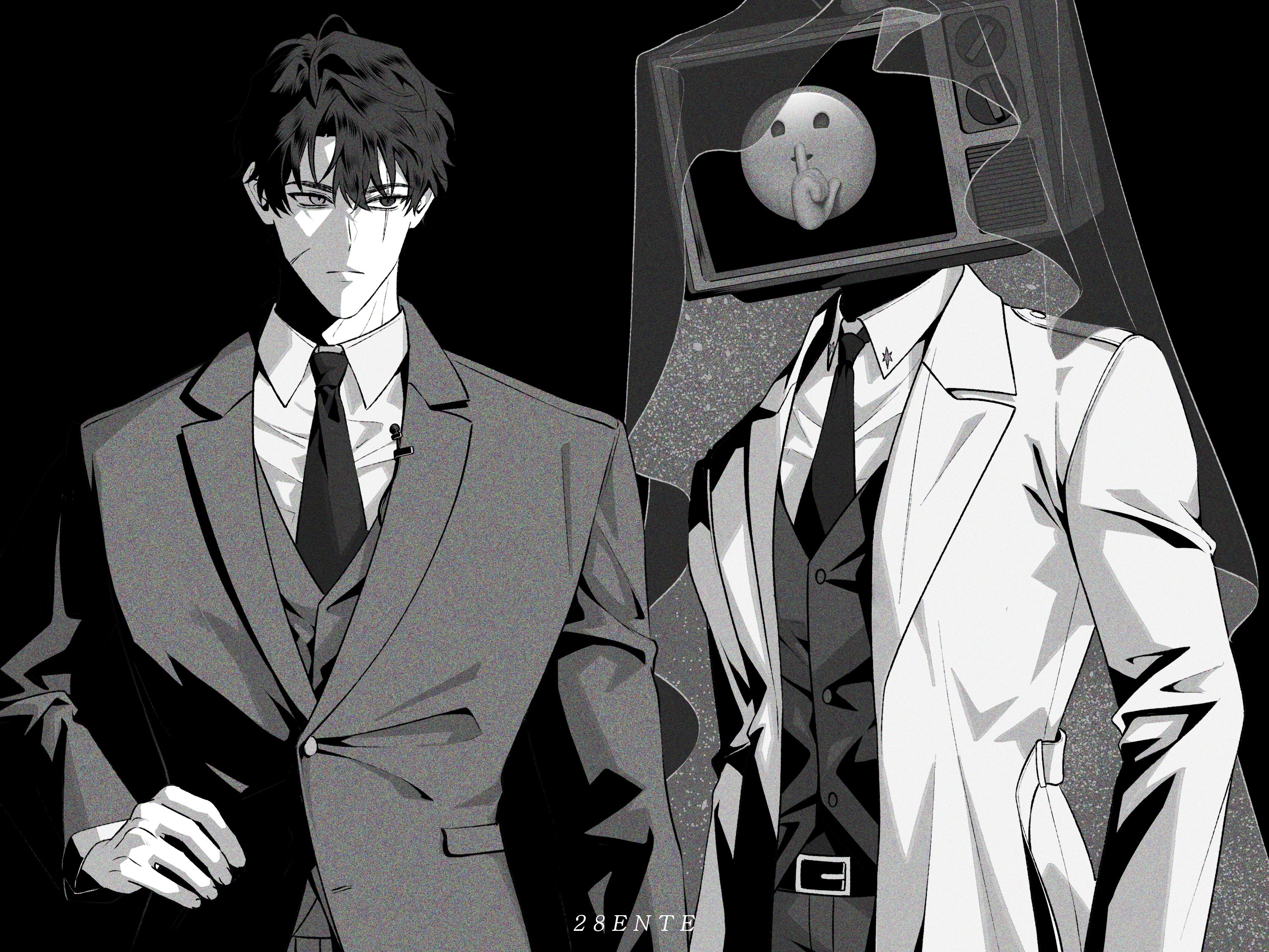 secretive plotter, omniscient reader's viewpoint, character request, highres, 1boy, 1other, 28ente, belt, black coat, black eyes, black hair, black necktie, black vest, censored, censored identity, coat, collared shirt, crt, emoji, finger to mouth, grey eyes, greyscale, gwechul, hair between eyes, hand on own hip, heterochromia, looking at another, monochrome, necktie, object head, scar, scar across eye, scar on face, shirt, short hair, shushing, static, television, veil, vest, white coat, white shirt