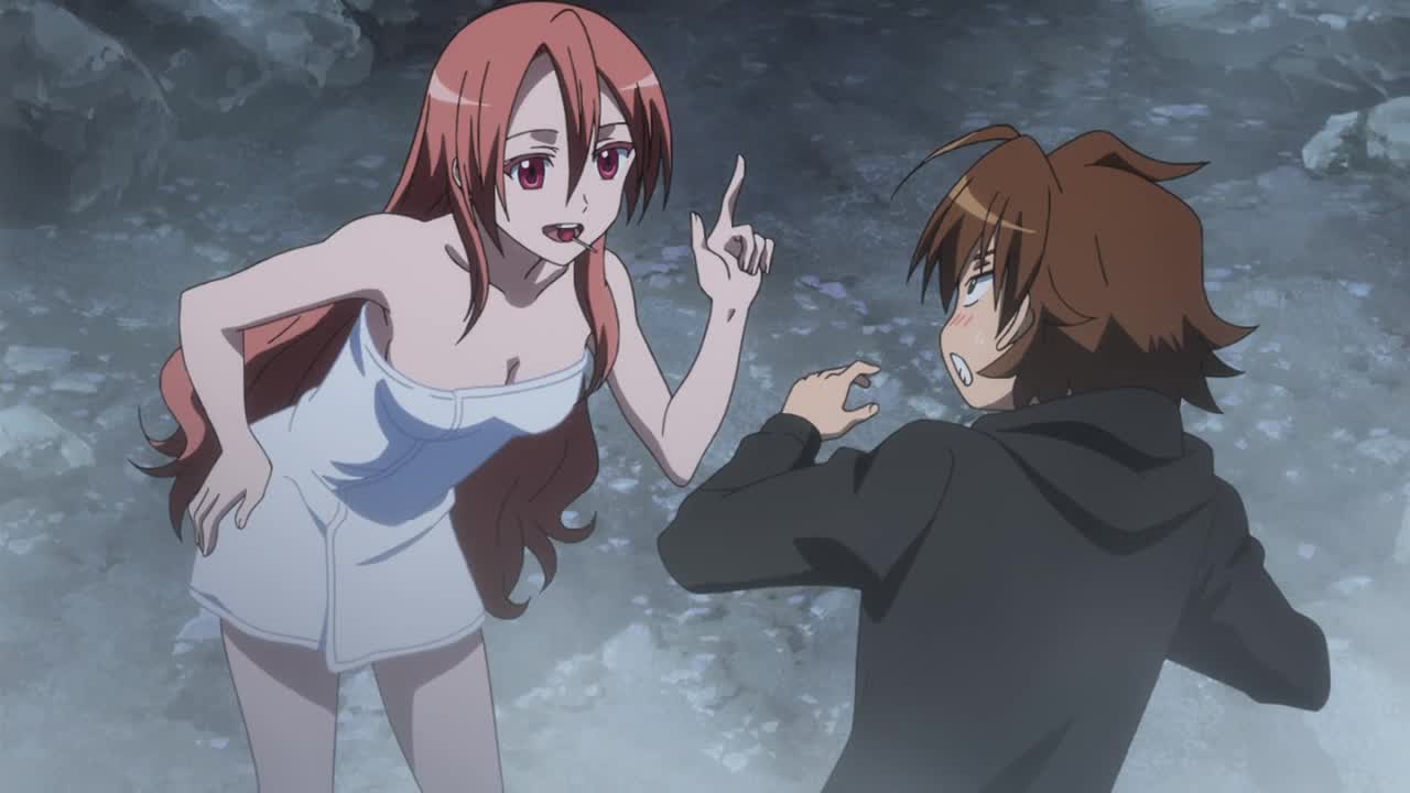 chelsea (akame ga kill!), tatsumi (akame ga kill!), akame ga kill!, anime screenshot, non-web source, 1boy, 1girl, blush, brown hair, candy, food, hand on own hip, lollipop, naked towel, nude, open mouth, red eyes, red hair, smile, towel
