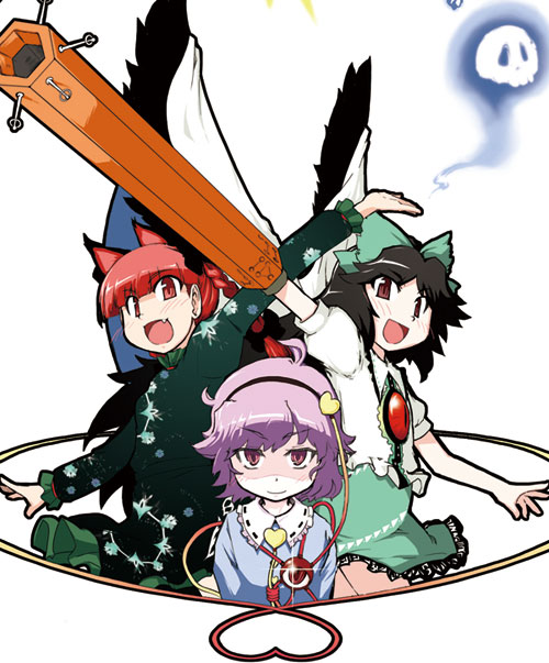 golden pe done, kaenbyou rin, komeiji satori, reiuji utsuho, touhou, 3girls, animal ears, arm cannon, black hair, blush, bow, braid, cat ears, cat girl, dress, extra ears, fang, female focus, ghost, hair bow, hairband, heart, looking at viewer, multiple girls, outstretched arms, purple hair, red eyes, red hair, skirt, skull, smile, spread arms, third eye, twin braids, weapon