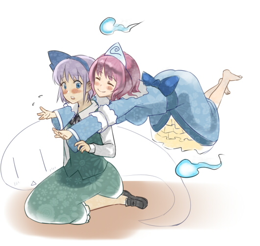 mugishima orie, konpaku youmu, konpaku youmu (ghost), saigyouji yuyuko, touhou, silver hair, 2girls, blush, closed eyes, female focus, floating, full body, ghost, hat, hitodama, multiple girls, pink hair, short hair, simple background, surprised, triangular headpiece, white background, wide-eyed, yuri