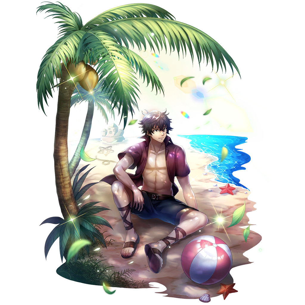 iwatani naofumi, tate no yuusha no nariagari, tate no yuusha no nariagari rerise, artist request, game cg, official art, 1boy, abs, ball, beach, beachball, belt, black hair, black shorts, brown belt, brown sandals, closed mouth, coconut tree, collared shirt, falling leaves, full body, gladiator sandals, hair between eyes, high collar, leaf, light particles, looking to the side, male focus, messy hair, ocean, official alternate costume, on ground, open clothes, open shirt, palm tree, red shirt, sand castle, sand sculpture, sandals, seashell, shell, shirt, short hair, short sleeves, shorts, sitting, smile, solo, sparkle, starfish, toned, toned male, tree