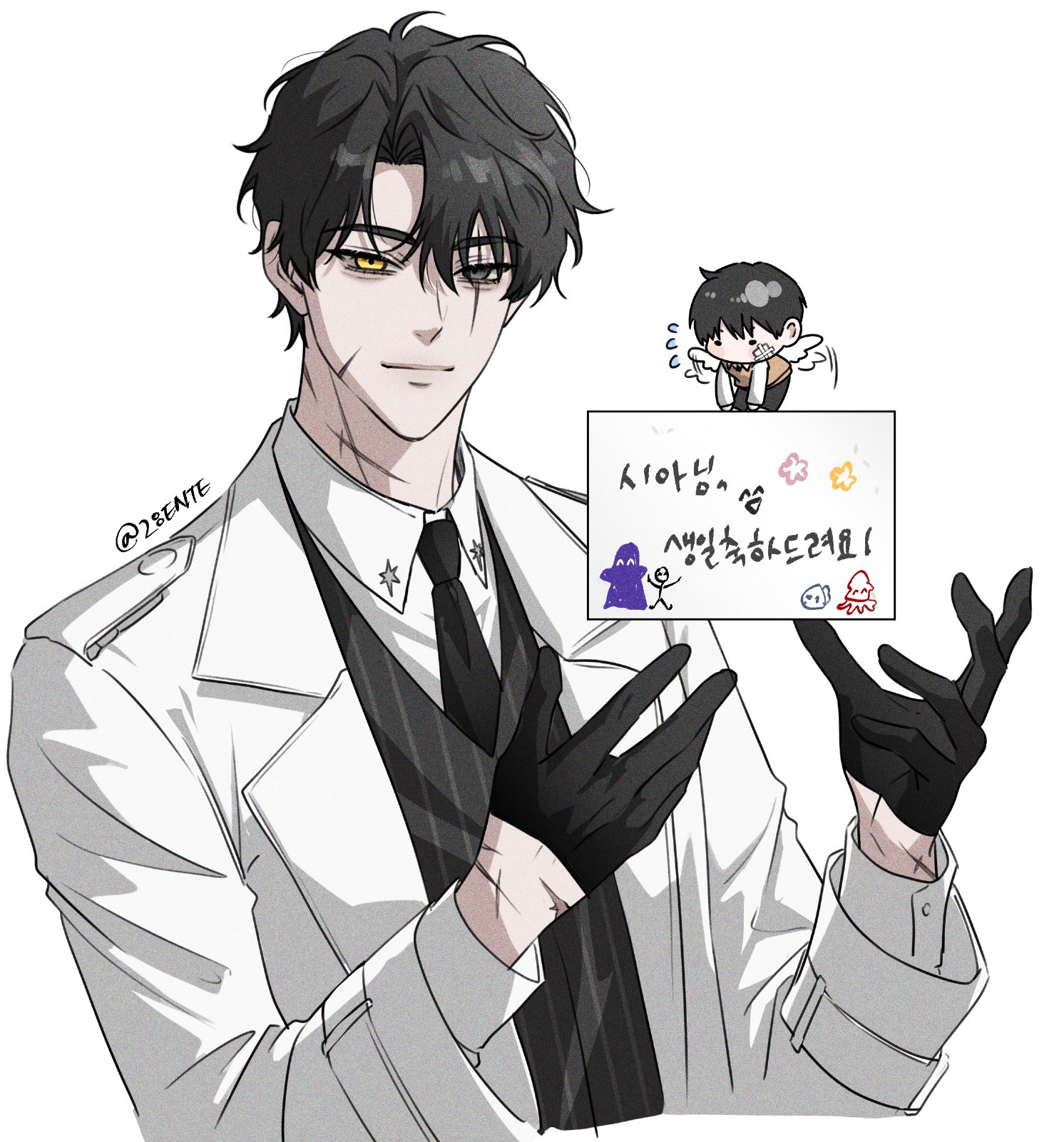 secretive plotter, omniscient reader's viewpoint, highres, translation request, 1boy, 28ente, bags under eyes, black eyes, black gloves, black hair, black necktie, black vest, chibi, chibi inset, coat, collared shirt, cowboy shot, curtained hair, gloves, hands up, heterochromia, korean text, looking at viewer, male focus, necktie, oldest dream, open clothes, open coat, scar, scar across eye, scar on arm, scar on face, scar on hand, shirt, short hair, smile, vest, white coat, white shirt, yellow eyes