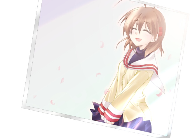 komo da, furukawa nagisa, clannad, bad id, bad pixiv id, 00s, brown hair, closed eyes, short hair, solo