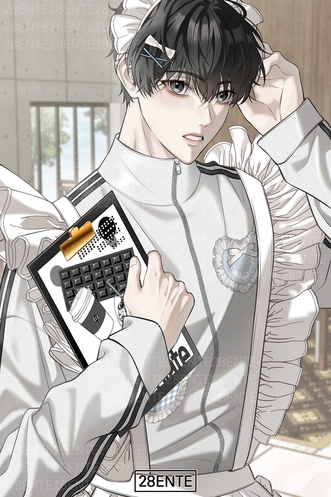 kim dokja, omniscient reader's viewpoint, highres, 1boy, 28ente, adjusting clothes, adjusting headwear, apron, black eyes, black hair, bow, clipboard, frilled sleeves, frills, hair bow, hair ornament, holding, holding clipboard, looking at viewer, maid, maid headdress, male focus, parted lips, short hair, solo, striped clothes, sweater, white sweater, wide-eyed, window, x hair ornament, zipper