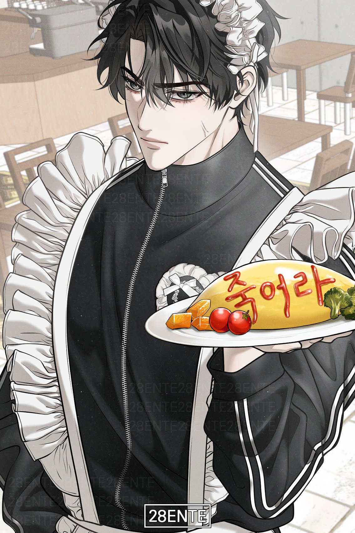 yoo joonghyuk, omniscient reader's viewpoint, highres, 1boy, 28ente, aegyo sal, anger vein, apron, black eyes, black hair, black sweater, broccoli, chair, cheese, desk, food, from above, hair between eyes, hand on own hip, hand up, holding, holding plate, korean text, looking at viewer, maid, maid apron, maid headdress, male focus, omelet, omurice, plate, serious, short hair, solo, striped clothes, sweater, tomato