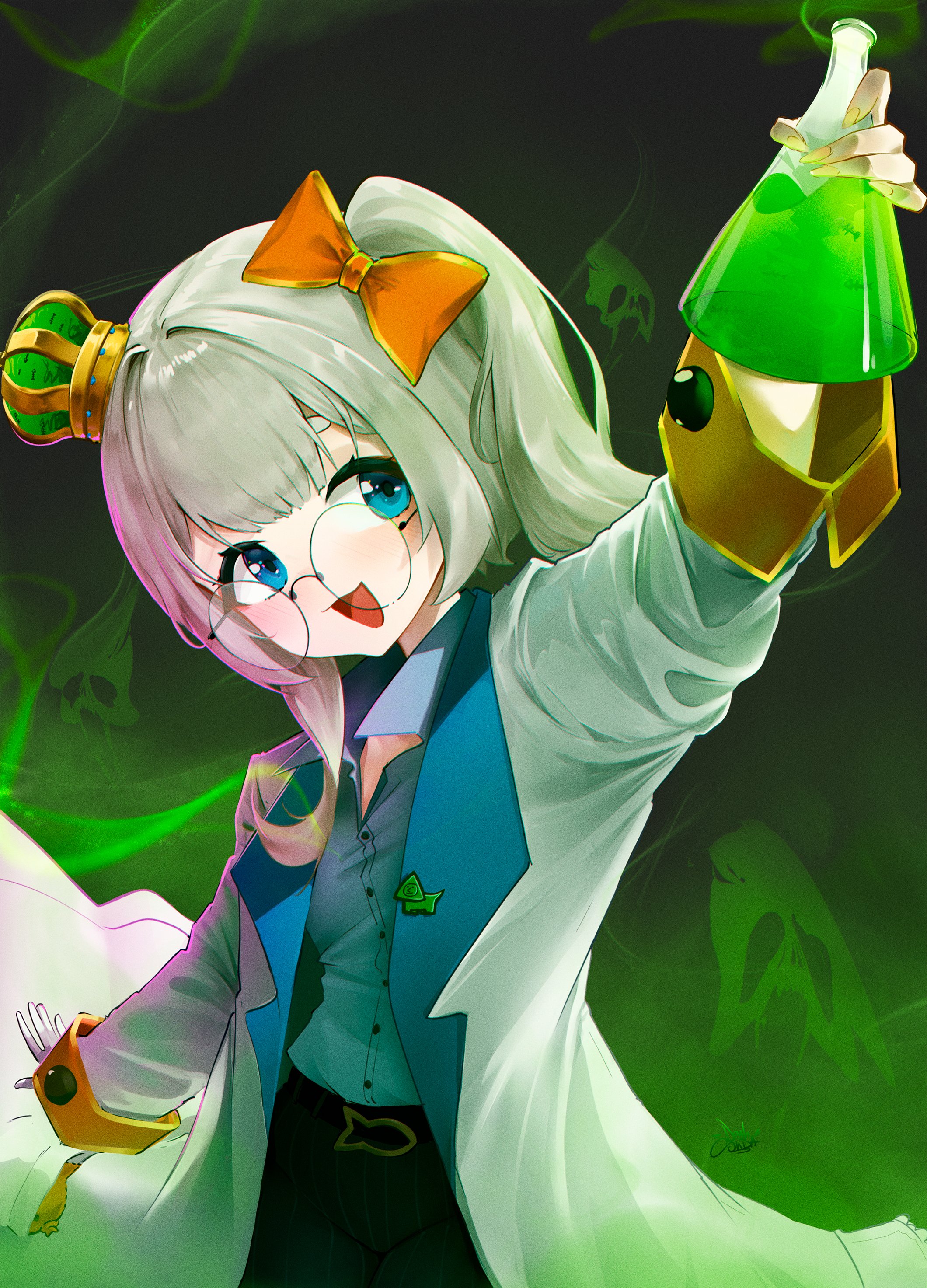 deal snda, marimari (vtuber), phase connect, absurdres, highres, 1girl, ambiguous green liquid, beaker, blue eyes, bow, crown, glasses, glowing, green liquid, green theme, hair bow, hair ornament, holding beaker, lab coat, looking at viewer, open mouth, pants, ponytail, potion, round eyewear, shirt, short hair, smile, smoke, solo, upper body, virtual youtuber, white hair