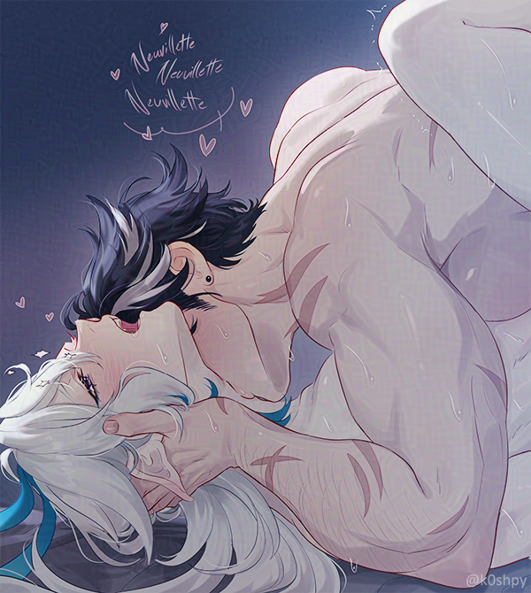 k0shpy, neuvillette (genshin impact), wriothesley (genshin impact), genshin impact, 2boys, arm hair, artist name, black hair, blue hair, earrings, heart, implied sex, jewelry, kiss, kissing neck, leg up, lying, multicolored hair, multiple boys, on back, open mouth, pointy ears, scar, stud earrings, white hair, yaoi
