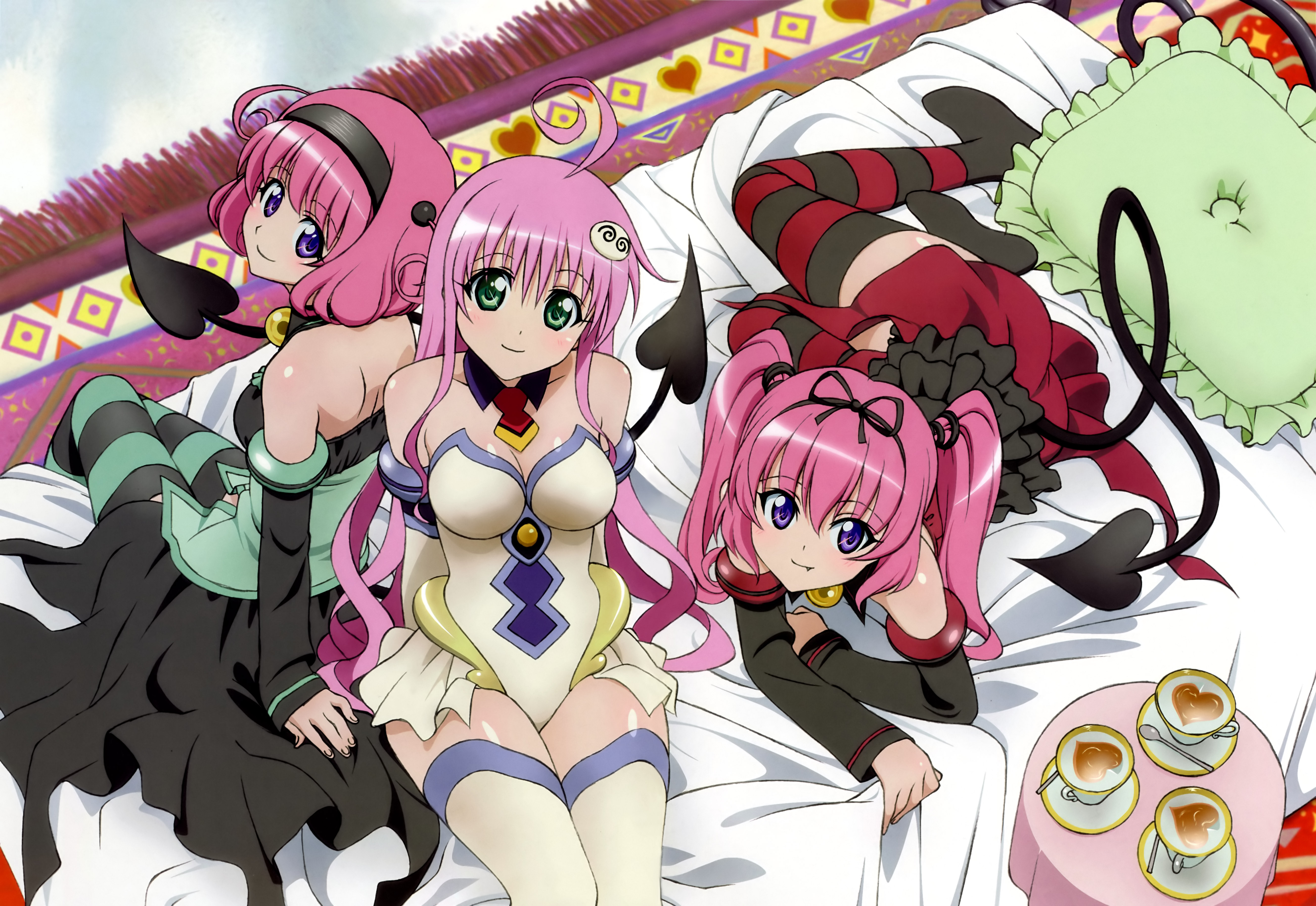lala satalin deviluke, momo velia deviluke, nana asta deviluke, peke (to love-ru), to love-ru, striped legwear, absurdres, highres, non-web source, 00s, 3girls, ahoge, bed, blue eyes, blush, cup, detached sleeves, fang, green eyes, hair ornament, hair ribbon, hairband, headband, leotard, long hair, lying, multiple girls, pillow, pink hair, purple eyes, ribbon, short hair, siblings, sisters, sitting, strapless, strapless leotard, striped clothes, striped thighhighs, tail, tea, thighhighs, twins, twintails, very long hair, white thighhighs, zettai ryouiki