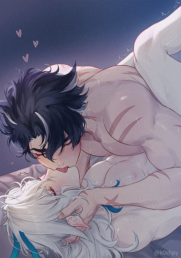 k0shpy, neuvillette (genshin impact), wriothesley (genshin impact), genshin impact, commentary, 2boys, arm hair, artist name, black hair, blue hair, closed eyes, earrings, french kiss, implied sex, jewelry, kiss, leg up, lying, multicolored hair, multiple boys, on back, pointy ears, yaoi
