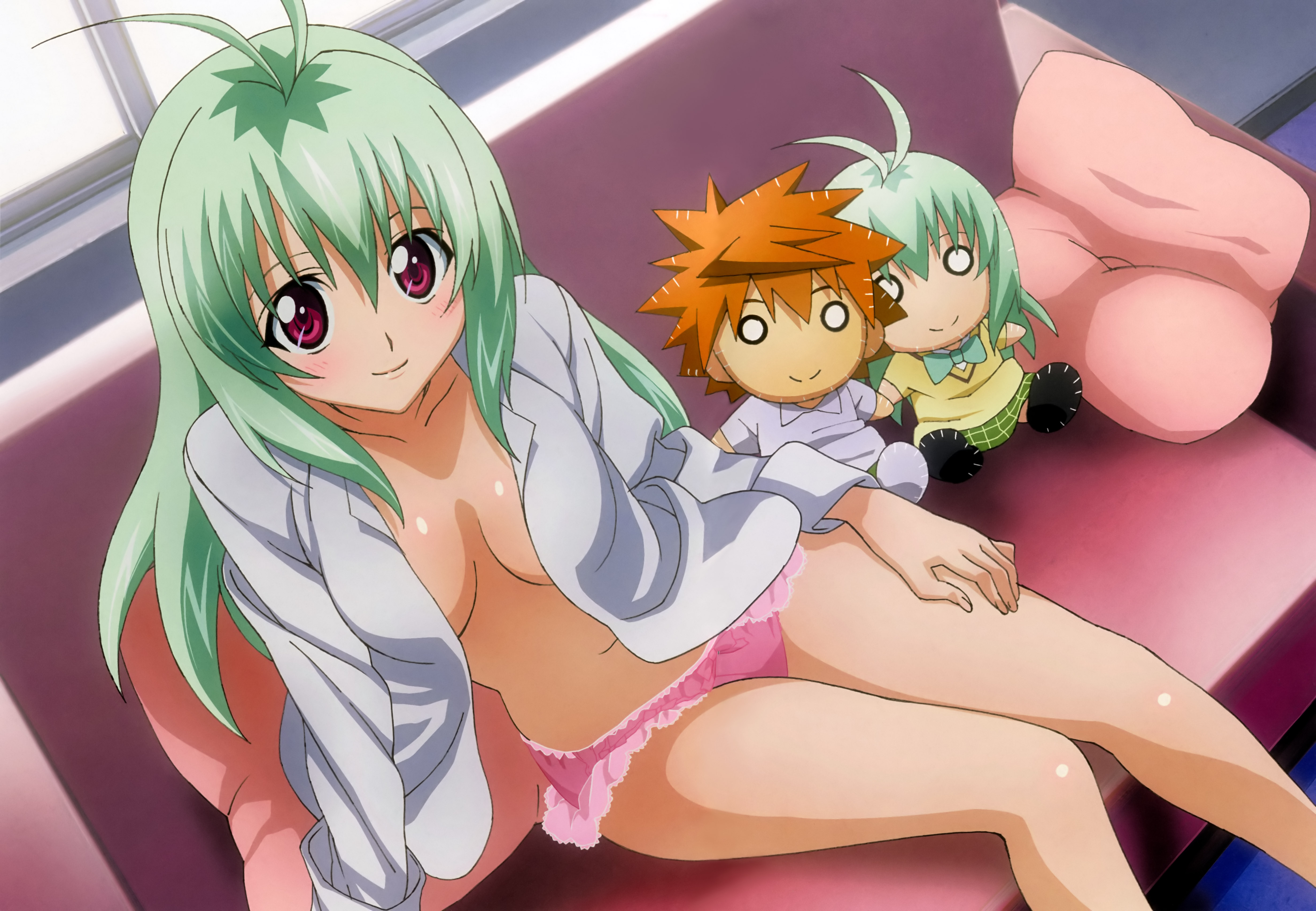 medicine melancholy, run elsie jewelria, yuuki rito, to love-ru, hand on thigh, absurdres, highres, official art, scan, 00s, 1girl, antenna hair, arm support, blush, body blush, bow, bow panties, bowtie, breasts, breasts apart, character doll, chibi, cleavage, couch, cushion, doll, dress shirt, dutch angle, female focus, green hair, hair between eyes, indoors, lace, lace-trimmed panties, lace trim, leaning, light smile, long hair, long sleeves, looking at viewer, medium breasts, navel, no bra, no pants, no pupils, o o, open clothes, open shirt, orange hair, panties, pantyshot, pillow, pink eyes, pink panties, plaid clothes, plaid skirt, school uniform, shirt, short hair, sitting, skirt, smile, solo, spiked hair, underwear, upskirt, white shirt, window