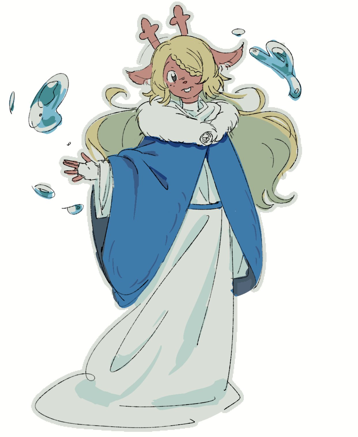 noelle holiday, deltarune, utdr (toby fox), commentary, english commentary, highres, 1girl, antlers, black eyes, blonde hair, blue cape, braid, braided bangs, buck teeth, cape, deer antlers, deer girl, fingerless gloves, full body, fur-trimmed collar, fur trim, gloves, hair over one eye, horns, hydrokinesis, long hair, robe, solo, teeth, very long hair, water, white gloves, white robe, yokuyo