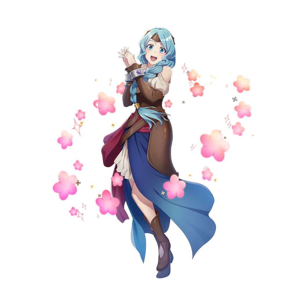 therese alexanderite, tate no yuusha no nariagari, tate no yuusha no nariagari rerise, artist request, clothing request, game cg, official art, 1girl, :d, ankle boots, armor, armored boots, bangle, bare shoulders, blue eyes, blue gemstone, blue hair, blue sarong, boots, bracelet, braid, braided ponytail, breasts, brown boots, closed mouth, clothing cutout, collared shirt, dress, flower, full body, gem, gradient sarong, hair tubes, hands up, high collar, jewelry, leather armor, leg up, long hair, long sleeves, looking at viewer, medium breasts, metal hair tubes, open mouth, own hands together, pink flower, pleated dress, purple gemstone, raised eyebrows, red sash, sarong, sash, shirt, short dress, shoulder cutout, side ponytail, simple background, single hair tube, smile, solo, standing, standing on one leg, straight-on, teeth, tongue, transparent background, upper teeth only, vambraces, white dress, wristband