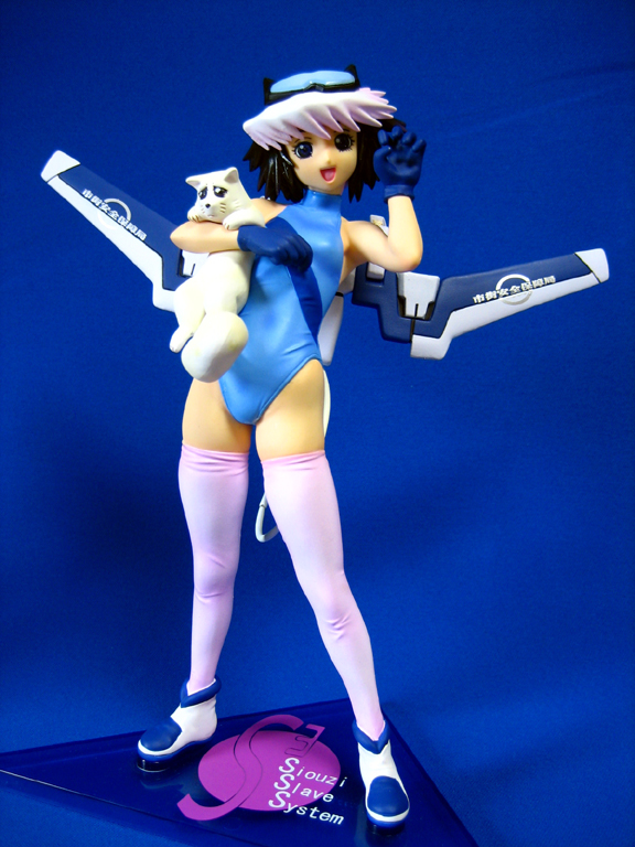 menchi, ropponmatsu 2, excel saga, photo (medium), 1990s (style), 1girl, female focus, figure, figure (medium), gloves, goggles, jetpack, multicolored hair, one-piece swimsuit, pink hair, retro artstyle, sleeveless, sleeveless turtleneck, solo, swimsuit, thighhighs, turtleneck, two-tone hair