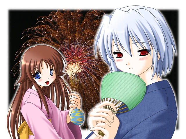 keito (keito-ya), kotonomiya yuki, miyashiro karin, f&c, suigetsu, archived source, commentary request, 2girls, aqua bag, aqua hair, bag, black sky, blue eyes, blue kimono, blurry border, blush, border, brown hair, dated commentary, dot nose, fireworks, hair between eyes, hair tuft, hand fan, holding, holding bag, holding fan, japanese clothes, kimono, kinchaku, long hair, long sidelocks, long sleeves, looking at viewer, lowered eyelids, multiple girls, obi, open mouth, paper fan, parted lips, photo background, pink kimono, pink sleeves, pouch, red eyes, sash, short hair, sidelocks, sky, straight hair, string bra, teeth, tongue, two-tone bag, uchiwa, upper body, white border, wide sleeves, yellow sash, yukata