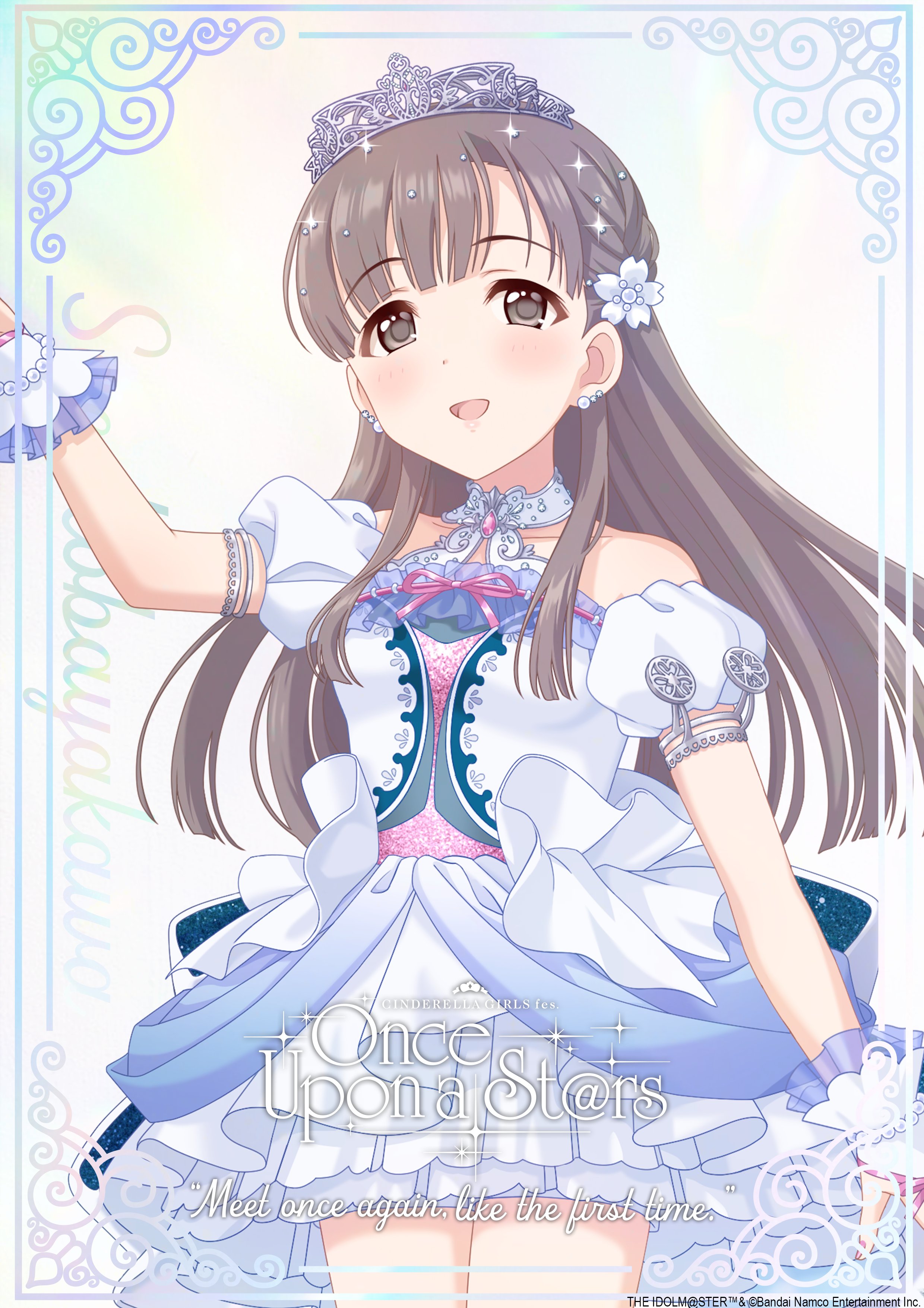 kobayakawa sae, idolmaster, idolmaster cinderella girls, idolmaster cinderella girls starlight stage, official art, 1girl, armlet, brown eyes, brown hair, dress, fingerless gloves, flower, gloves, hair flower, hair ornament, idol clothes, jewelry, nail polish, open mouth, solo, tiara