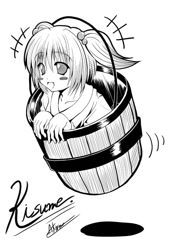 a kimira, a kirima, kisume, touhou, 1girl, bucket, female focus, greyscale, hair bobbles, hair ornament, in bucket, in container, monochrome, simple background, solo, twintails