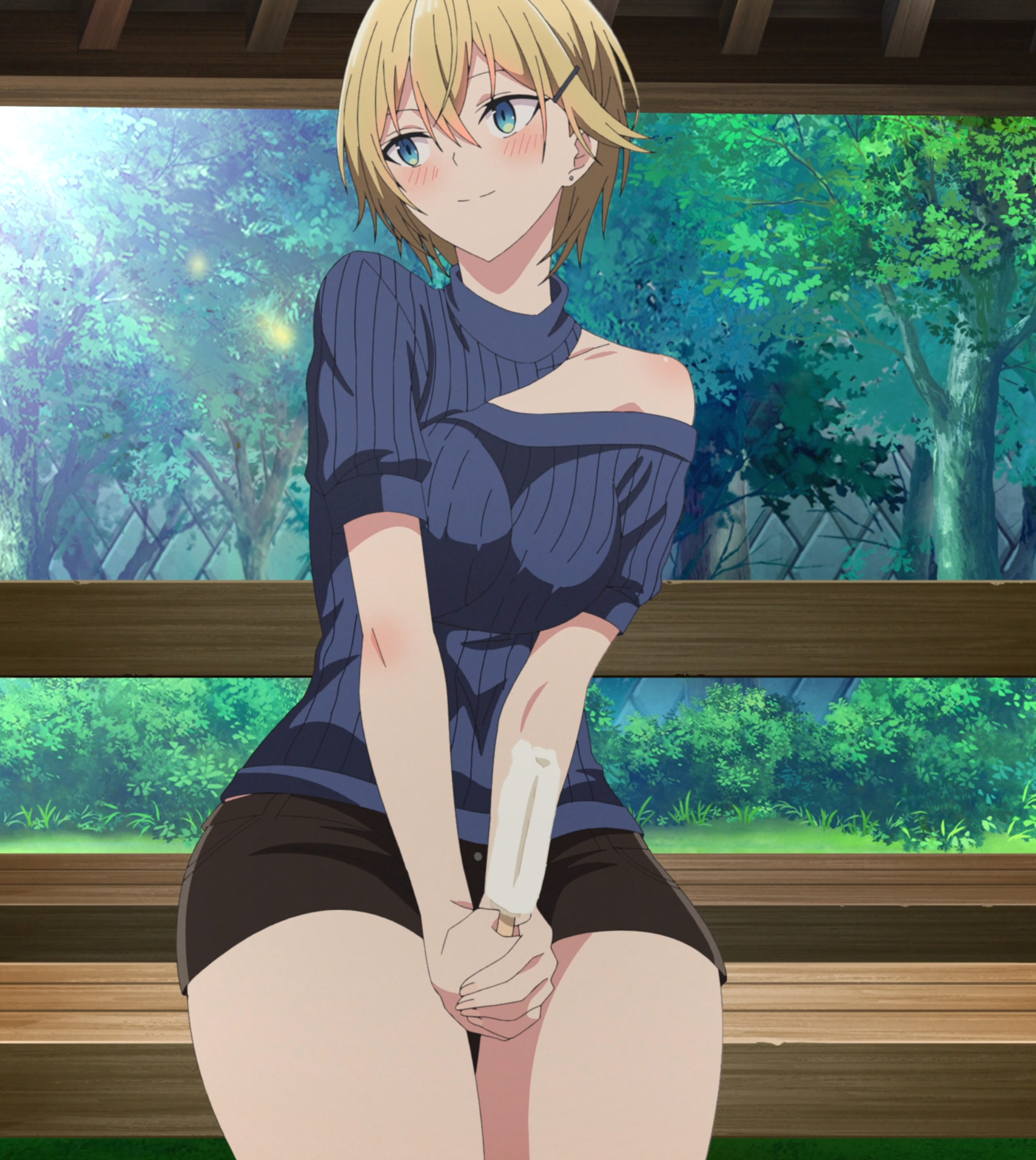 evergreen eri, haite kudasai takamine-san, absurdres, anime screenshot, highres, stitched, third-party edit, 1girl, arm support, black shorts, blonde hair, blue eyes, blue shirt, closed mouth, ear piercing, feet out of frame, female focus, hair ornament, hairclip, holding food, holding ice cream, ice cream, looking to the side, navel, outdoors, piercing, shirt, short hair, short shorts, short sleeves, shorts, single bare shoulder, sitting, smile, solo, thighs