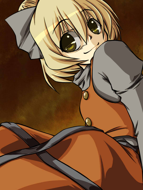 inu wi, kurodani yamame, touhou, 1girl, blonde hair, female focus, gradient background, hair ribbon, inuwi, ribbon, short hair, solo, yellow eyes