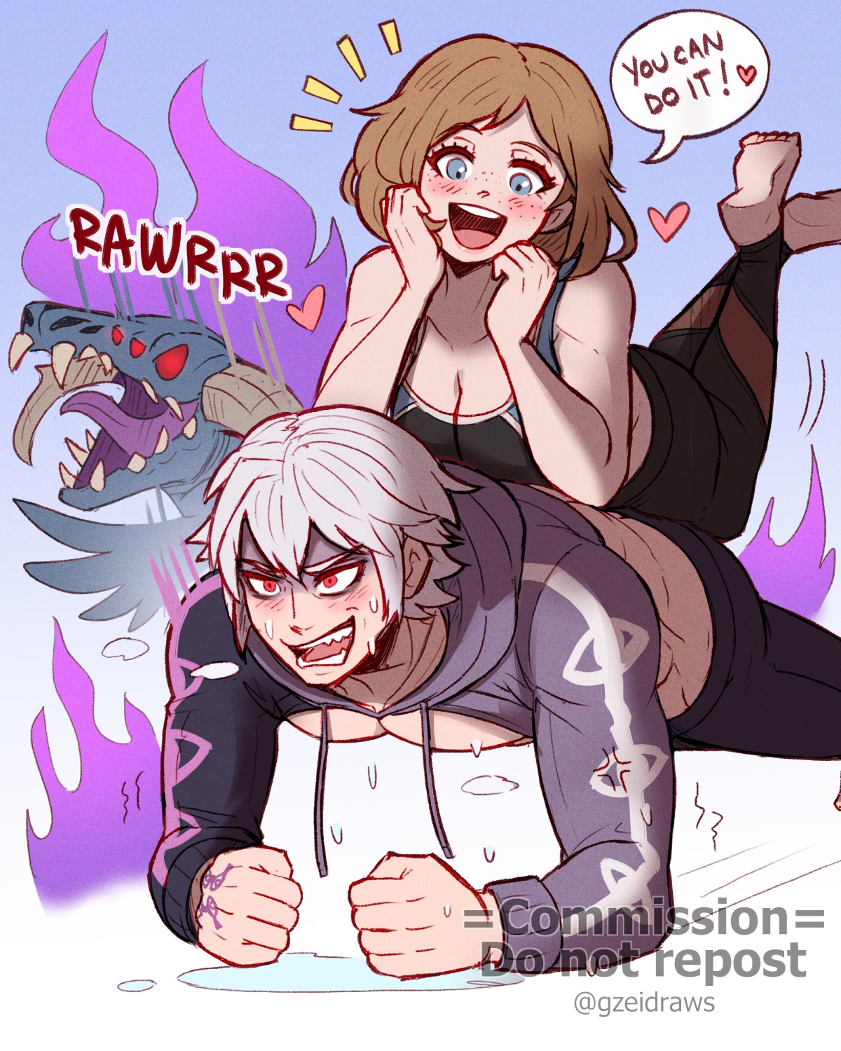 gzei, female kiran (fire emblem), kiran (fire emblem), male robin (fire emblem), male robin (grima) (fire emblem), fire emblem, fire emblem heroes, nintendo, commission, highres, 1boy, 1girl, alternate costume, barefoot, blonde hair, blue eyes, breasts, cleavage, dragon, english text, exercising, eyes of grima, female kiran (fire emblem) (evomanaphy), freckles, glowing, glowing eyes, leaning on person, medium breasts, plank, planking, red eyes, speech bubble, sports bra, sweat, sweatdrop, sweater, workout clothes