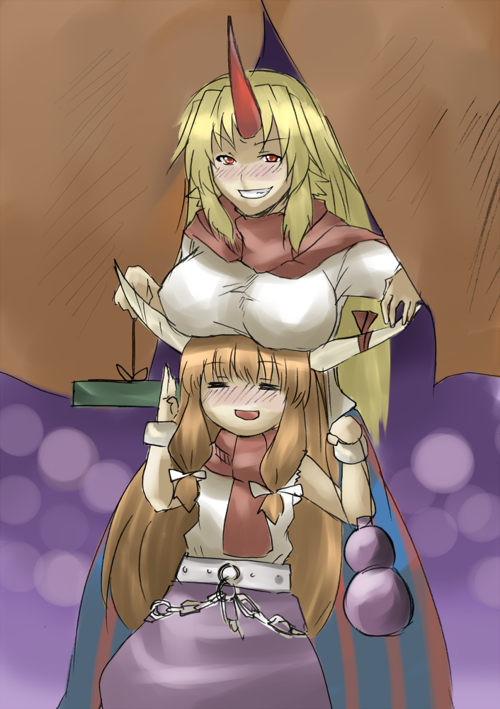 reon (pixiv), reon (saikyou), hoshiguma yuugi, ibuki suika, touhou, bad id, bad pixiv id, 2girls, breast rest, breasts, breasts on head, female focus, food stand, grill, horns, multiple girls, single horn