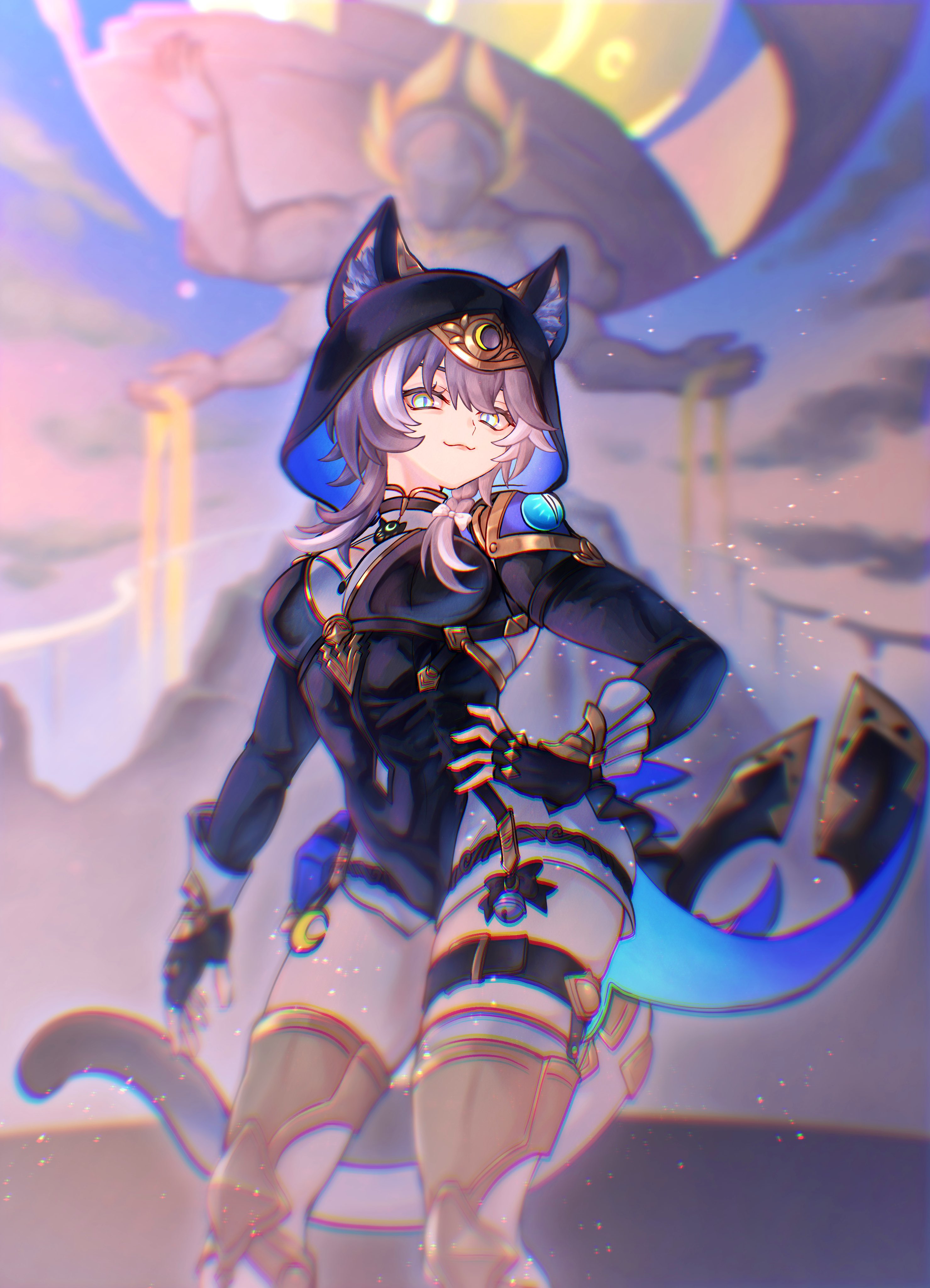 cipher (honkai: star rail), honkai: star rail, honkai (series), absurdres, highres, 1girl, :3, animal ear fluff, animal ears, animal hood, blue eyes, boots, bow, braid, cat ears, cat girl, cat hood, cat tail, choker, crescent, fingerless gloves, gloves, gold boots, grey hair, hand on own hip, hood, kephale (honkai: star rail), leotard, single braid, sky, tail, thigh strap, w0rldm3lanch0ly, white streaks