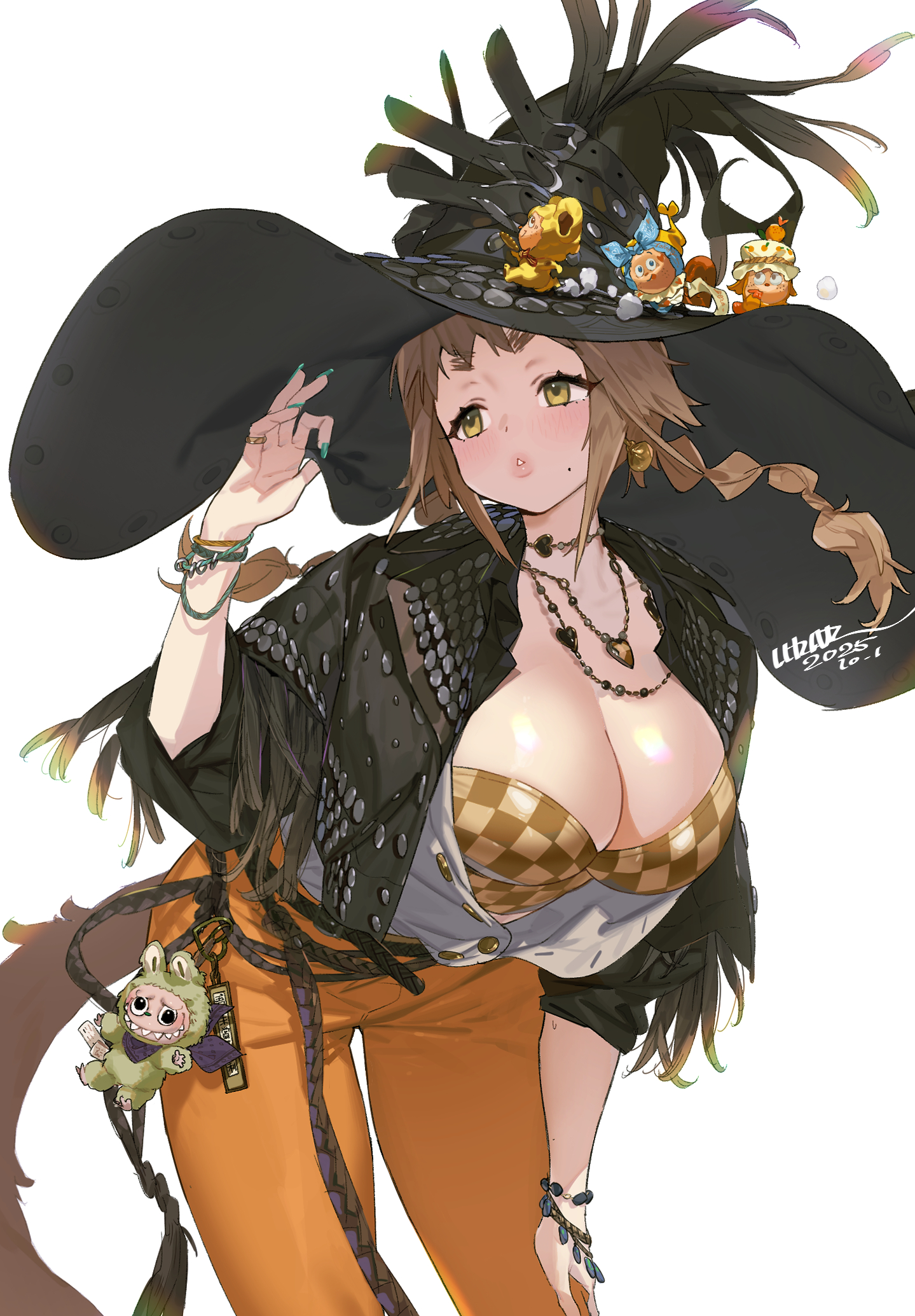 gebijiade 89, labubu, original, highres, 1girl, bracelet, braid, breasts, checkered clothes, cleavage, hat, jewelry, large breasts, necklace
