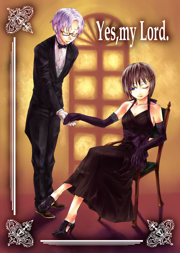 yagami hayate, kuroshitsuji, lyrical nanoha, mahou shoujo lyrical nanoha, mahou shoujo lyrical nanoha strikers, 00s, 1boy, 1girl, armchair, chair, crossover, dress, glasses, gloves, hair ornament, high heels, one eye closed, shoes, tuxedo, wink, x hair ornament