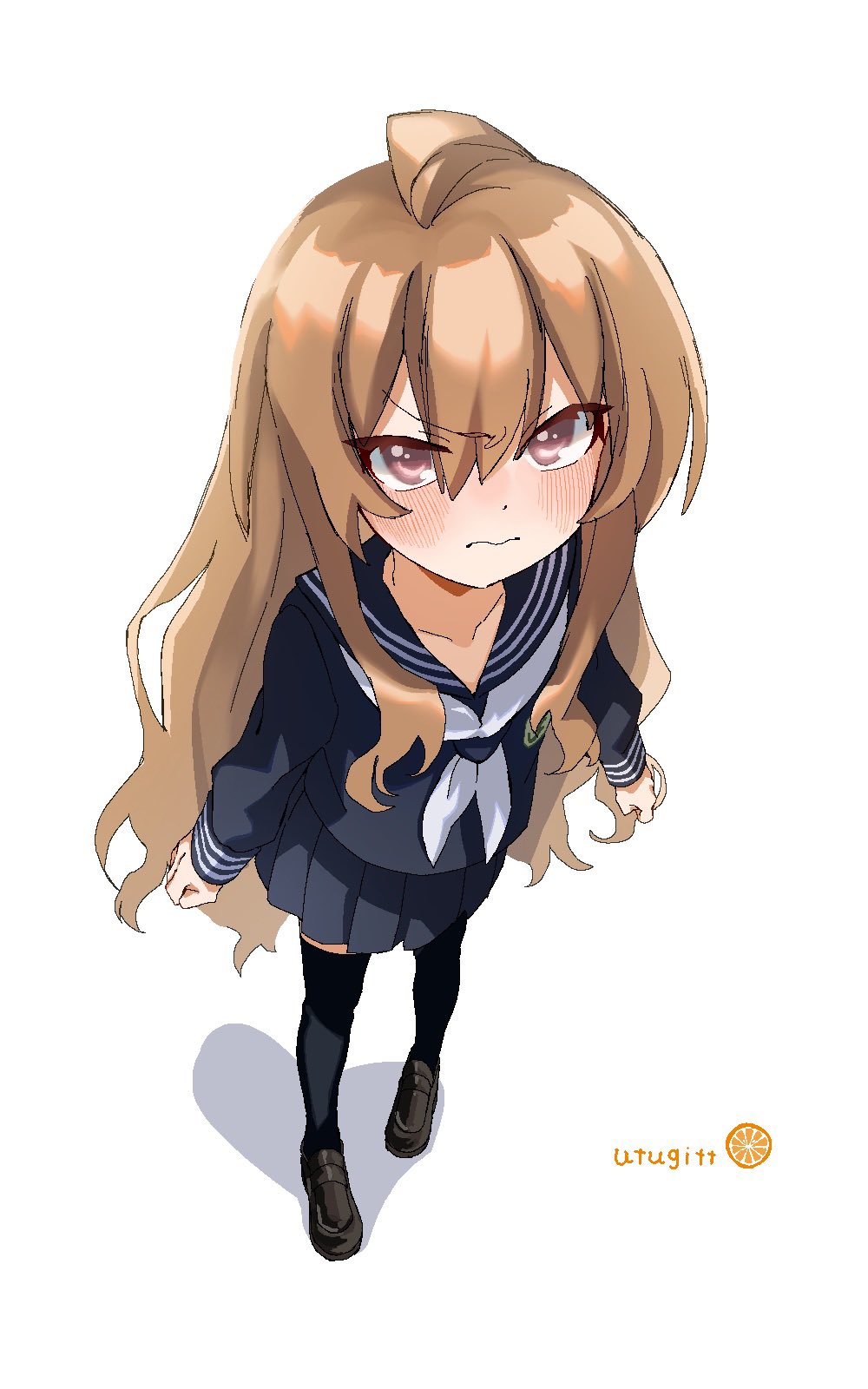 aisaka taiga, toradora!, highres, 1girl, artist name, black serafuku, black shoes, black thighhighs, blush, brown eyes, brown hair, clenched hands, closed mouth, from above, hair between eyes, loafers, long hair, long sleeves, looking at viewer, neckerchief, petite, pleated skirt, school uniform, serafuku, shirt, shoes, simple background, skirt, solo, thighhighs, utugitt (utsukino), white background, white neckerchief