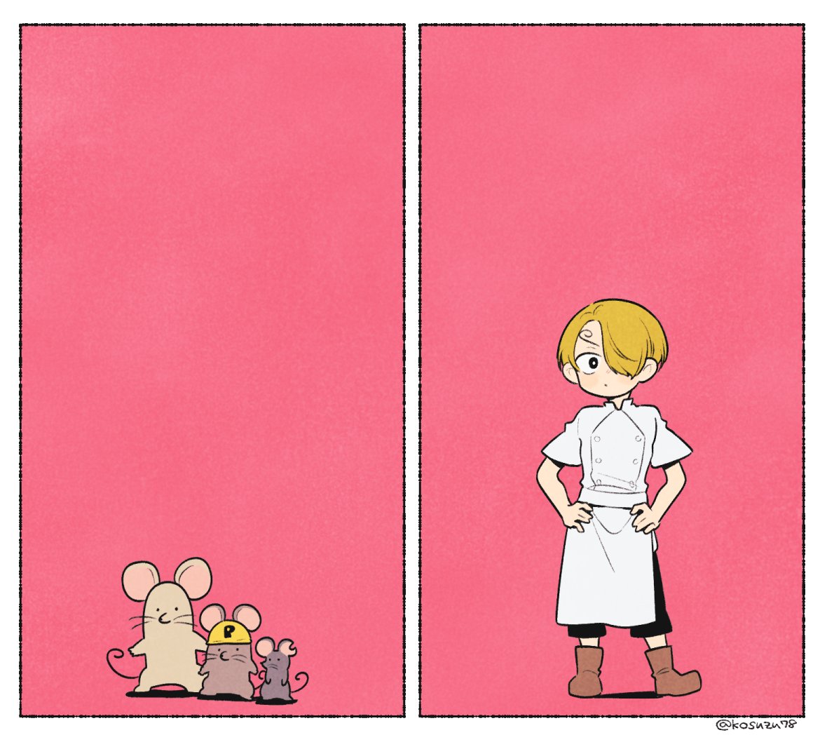 mitsubachi koucha, sanji (one piece), one piece, commentary, 1boy, aged down, animal, apron, blonde hair, boots, brown boots, closed mouth, curly eyebrows, full body, hair over one eye, hands on own hips, looking at viewer, mouse (animal), pink background, short hair, short sleeves, simple background, twitter username, white apron